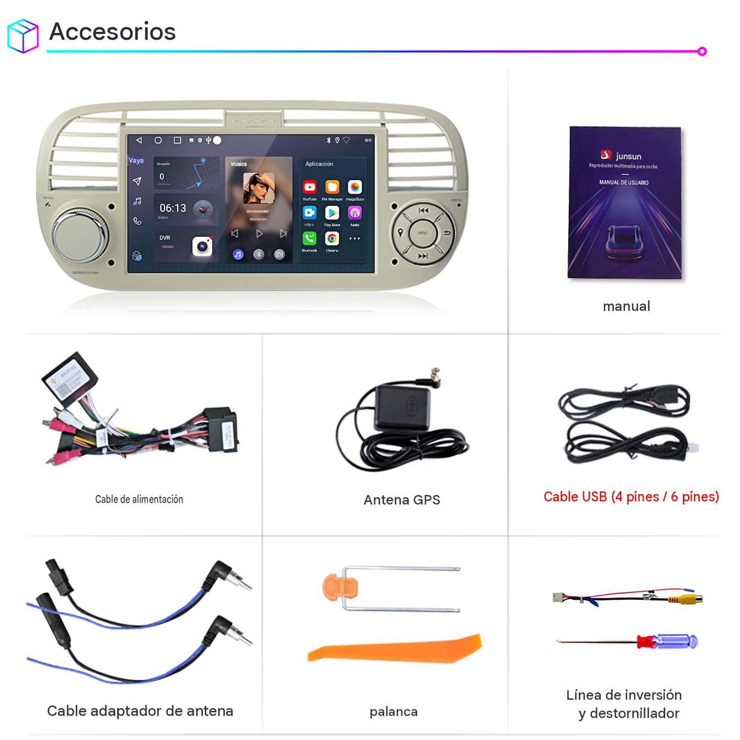 Pantalla de radio de coche con accesorios: cables, antena GPS, cable USB, herramienta.