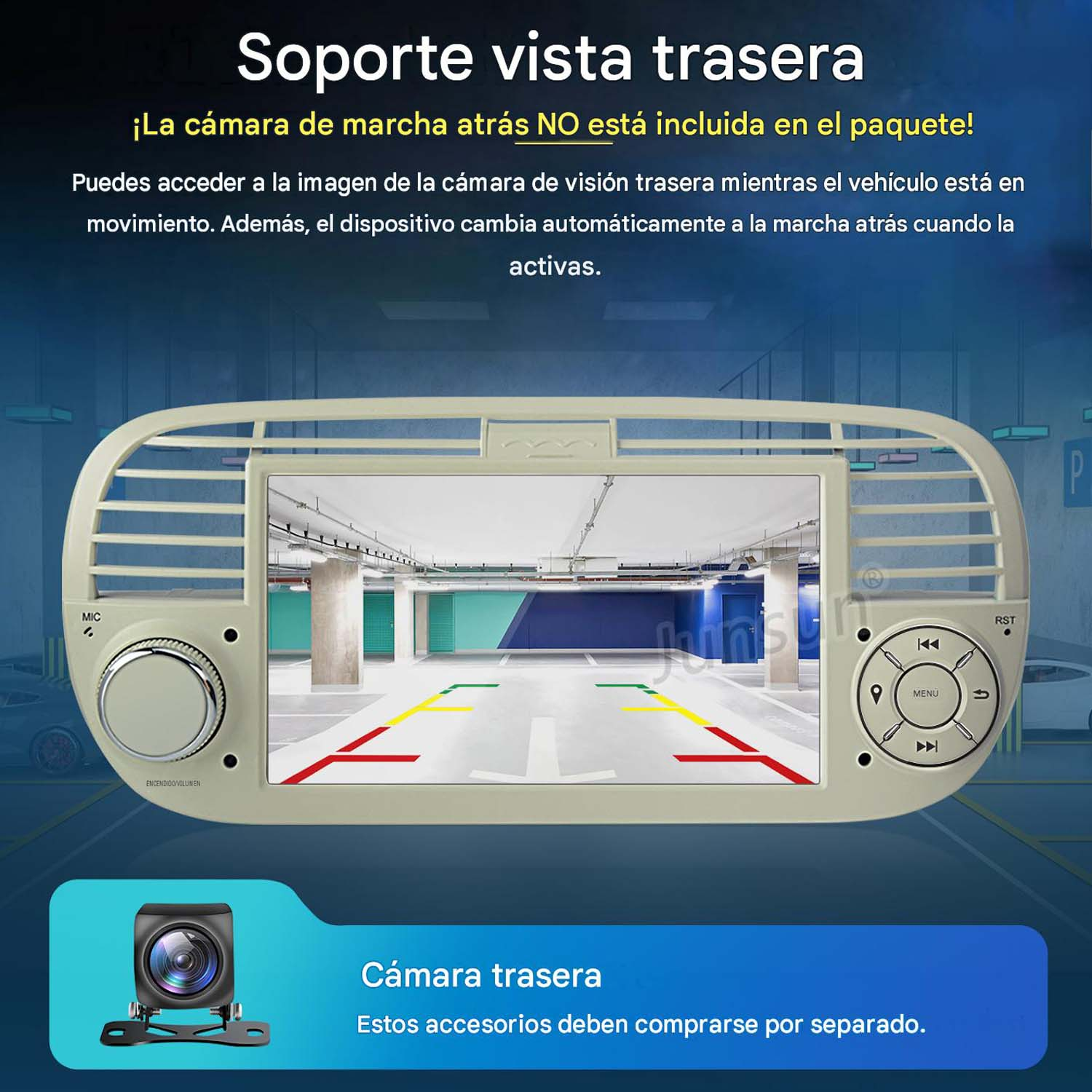 Pantalla de radio de coche muestra vista de cámara trasera de garaje con guías.
