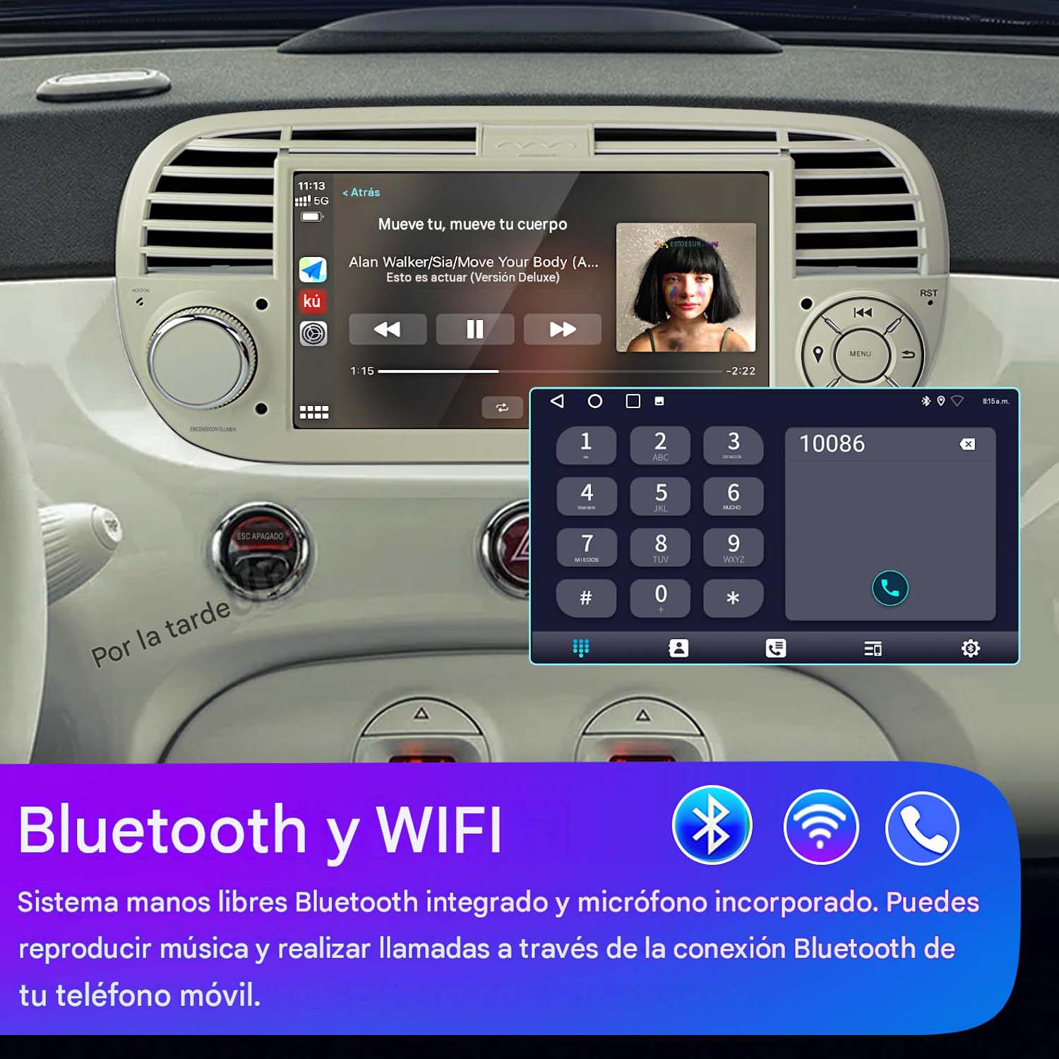 Salpicadero de coche con sistema de infoentretenimiento táctil que muestra música y teclado numérico.