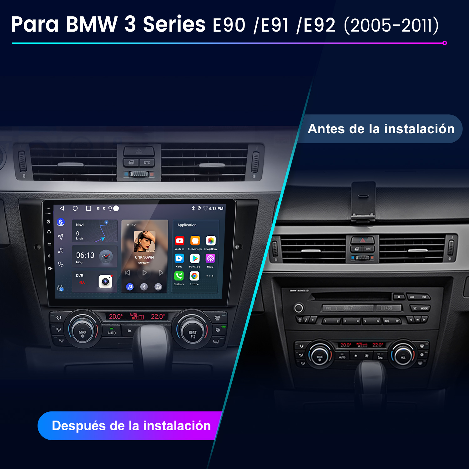 Comparación antes/después de una radio de coche BMW E90. Izquierda: nuevo sistema, derecha: viejo.