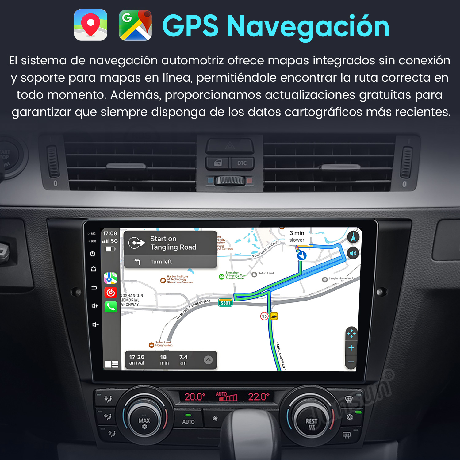 Pantalla de navegación de coche mostrando un mapa con ruta, información de tráfico y controles climáticos.
