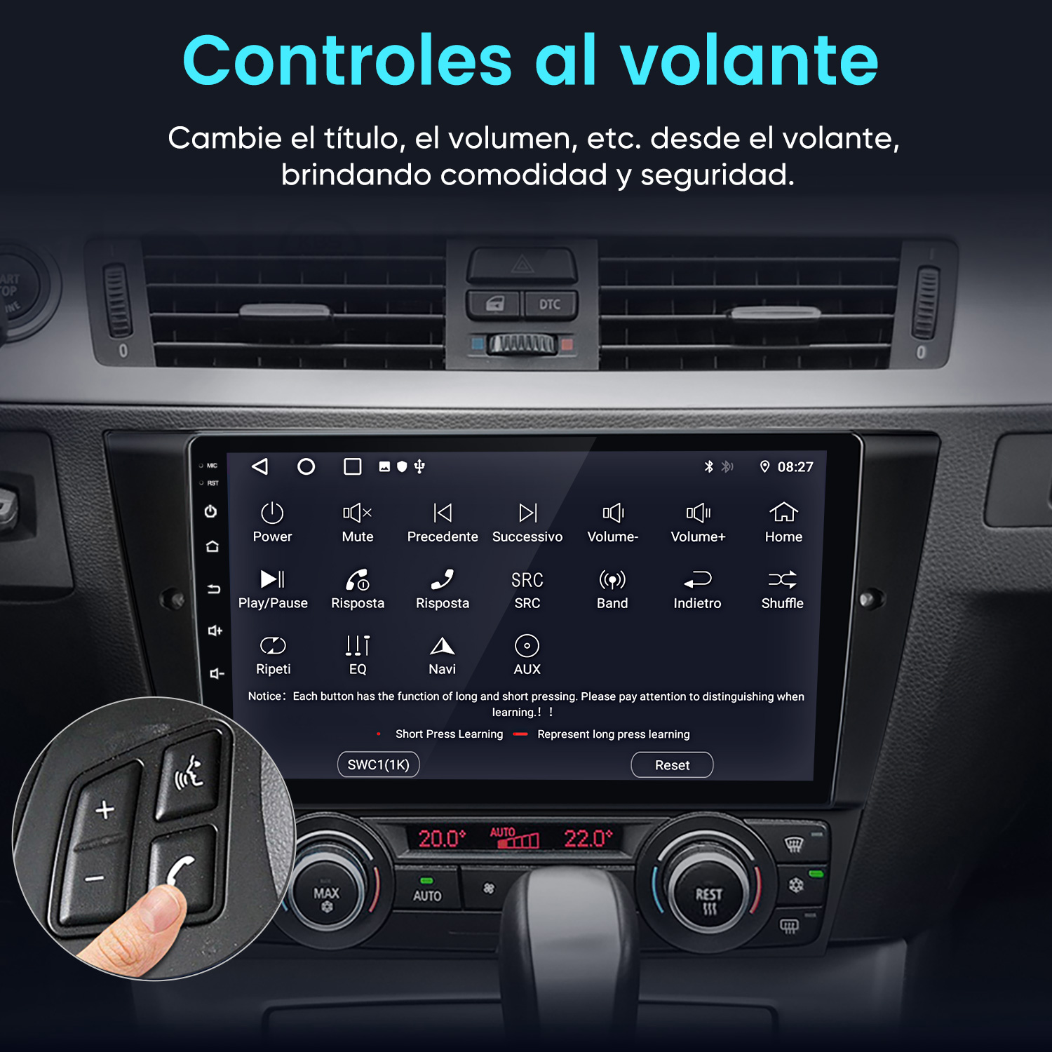 Sistema de infoentretenimiento de coche con controles en el volante.