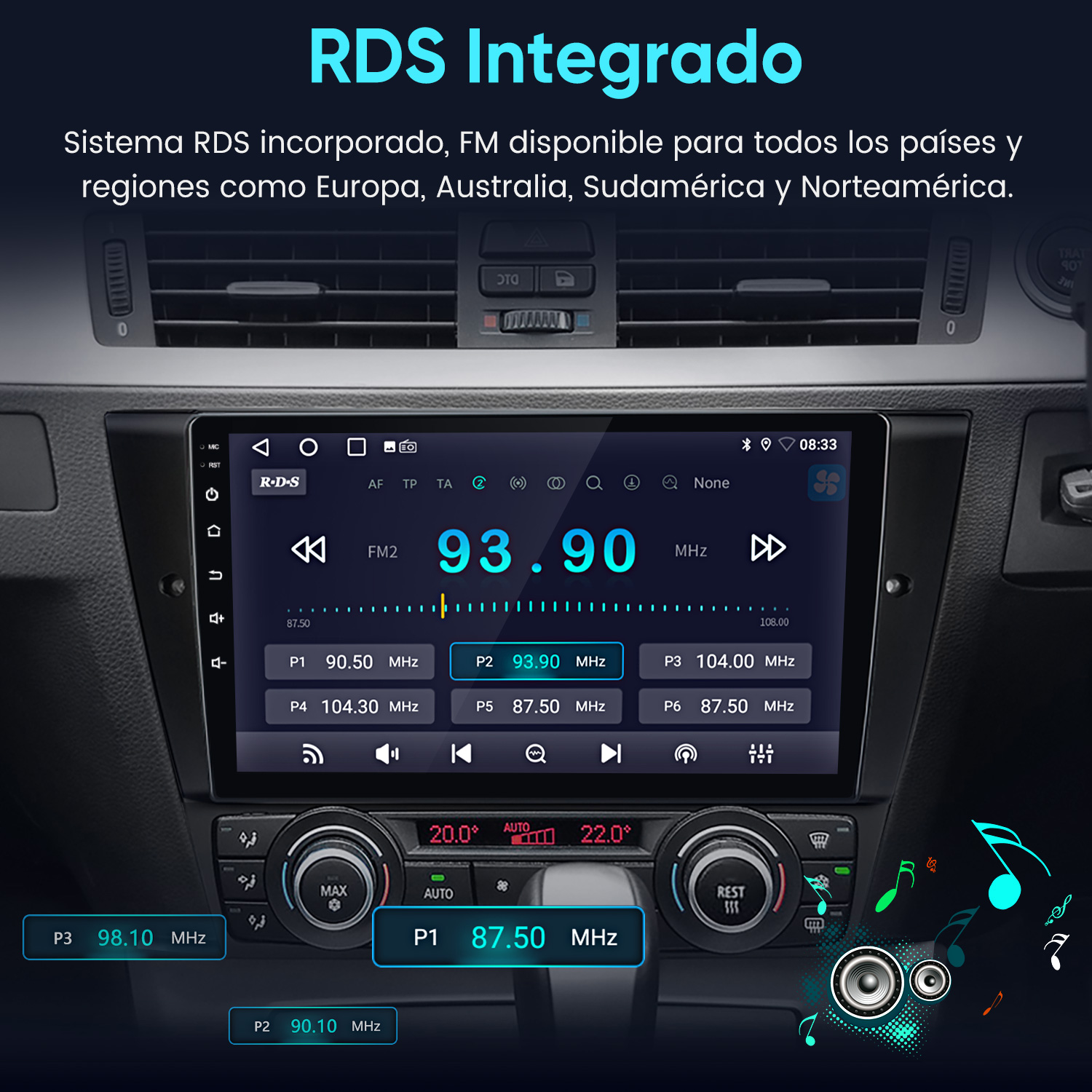La pantalla de una radio de coche muestra FM2 a 93.90 MHz y varias emisoras.