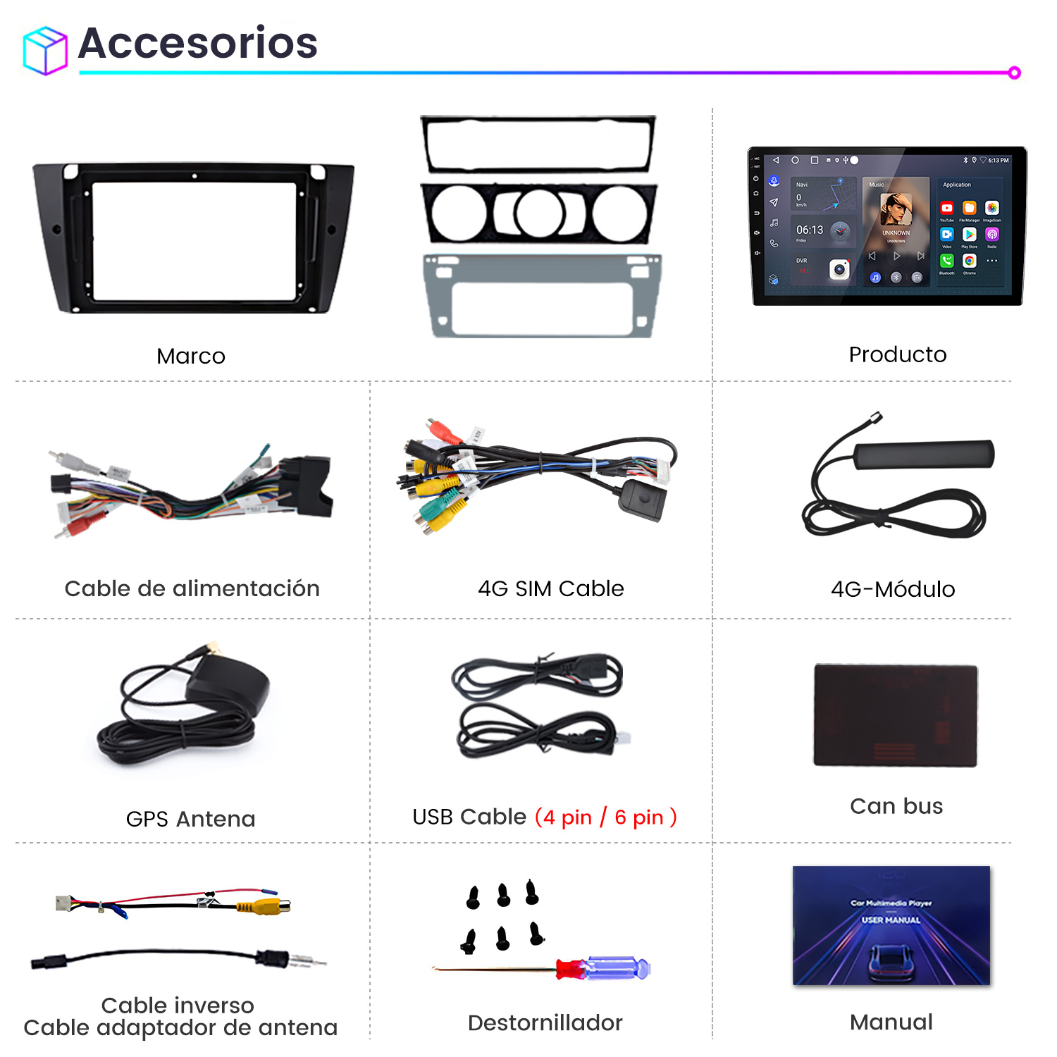 Un conjunto de accesorios para coche, incluyendo marco, cables, antenas y herramientas.