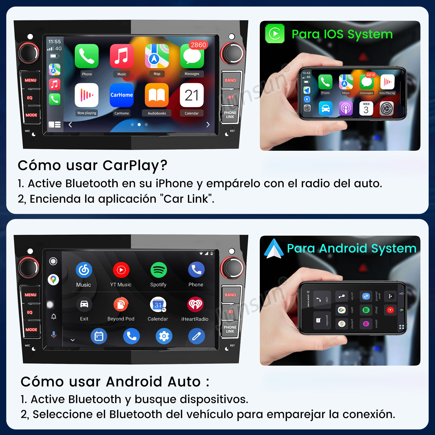 Dos tarjetas informativas muestran sistemas de infoentretenimiento de coche: CarPlay y Android Auto.