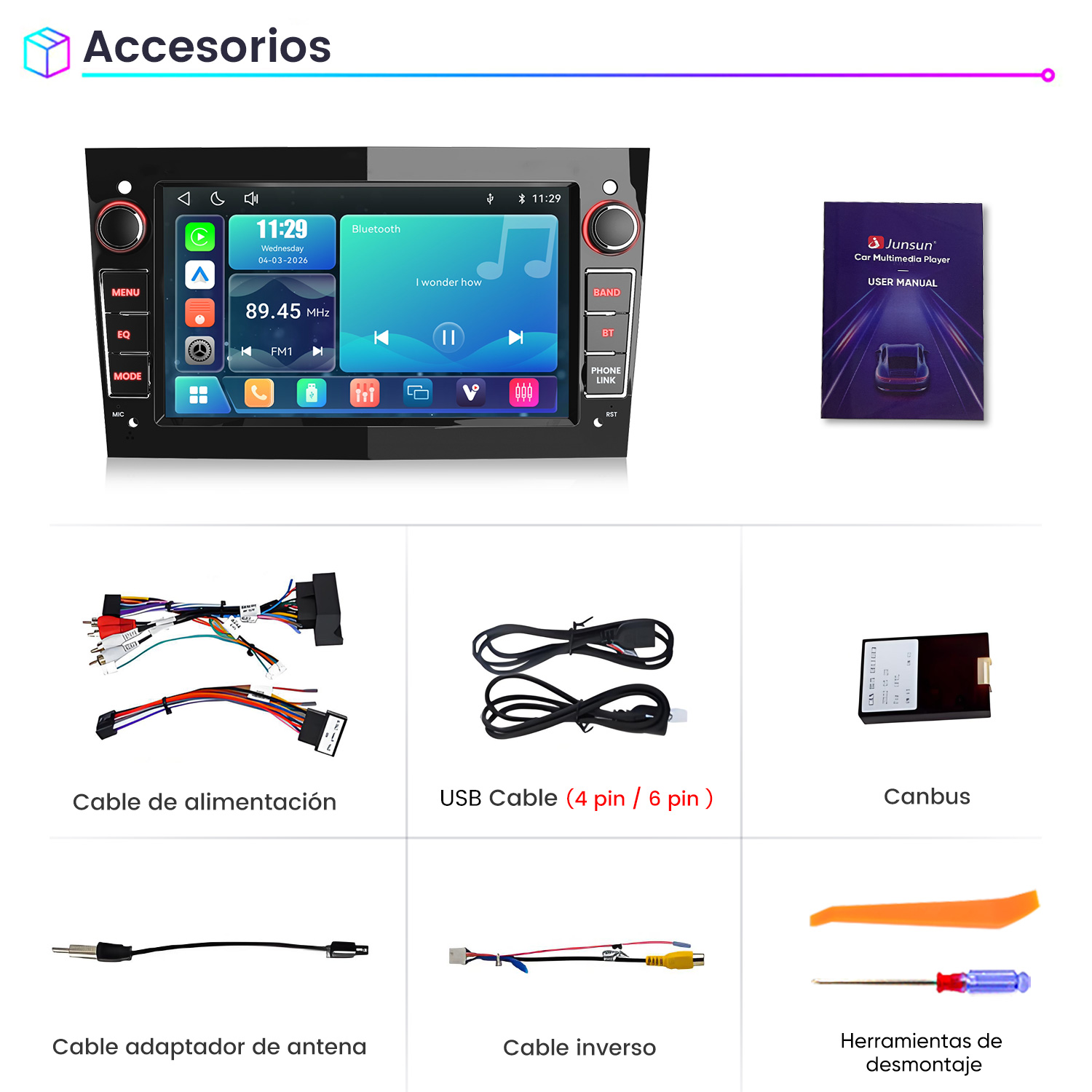 Un estéreo de coche con pantalla táctil, manual de usuario y accesorios.