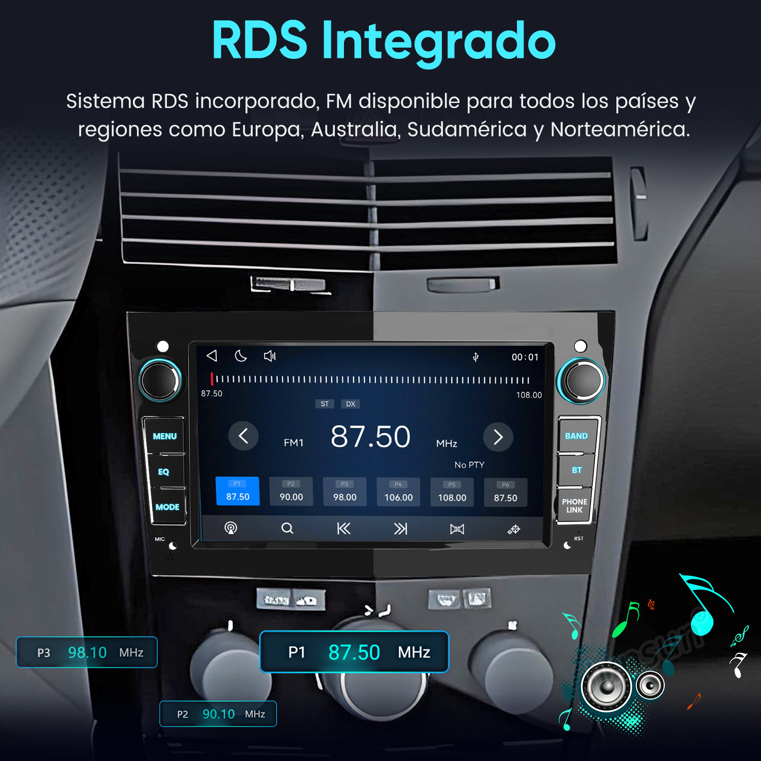 Pantalla de autorradio muestra info RDS con frecuencias y controles. FM 87.50 MHz.