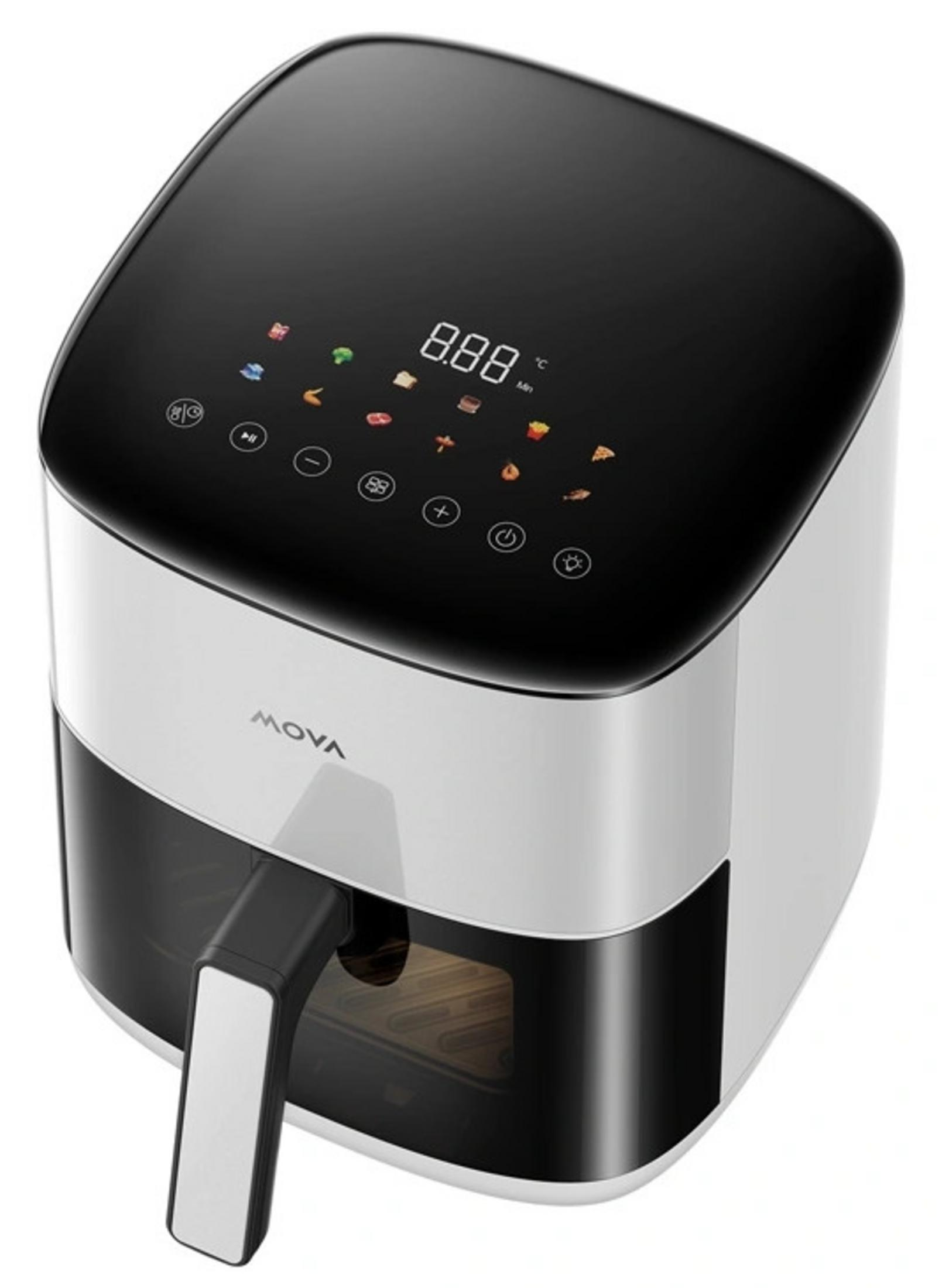 Una friggitrice ad aria bianca e nera con pannello touch screen digitale e manico.