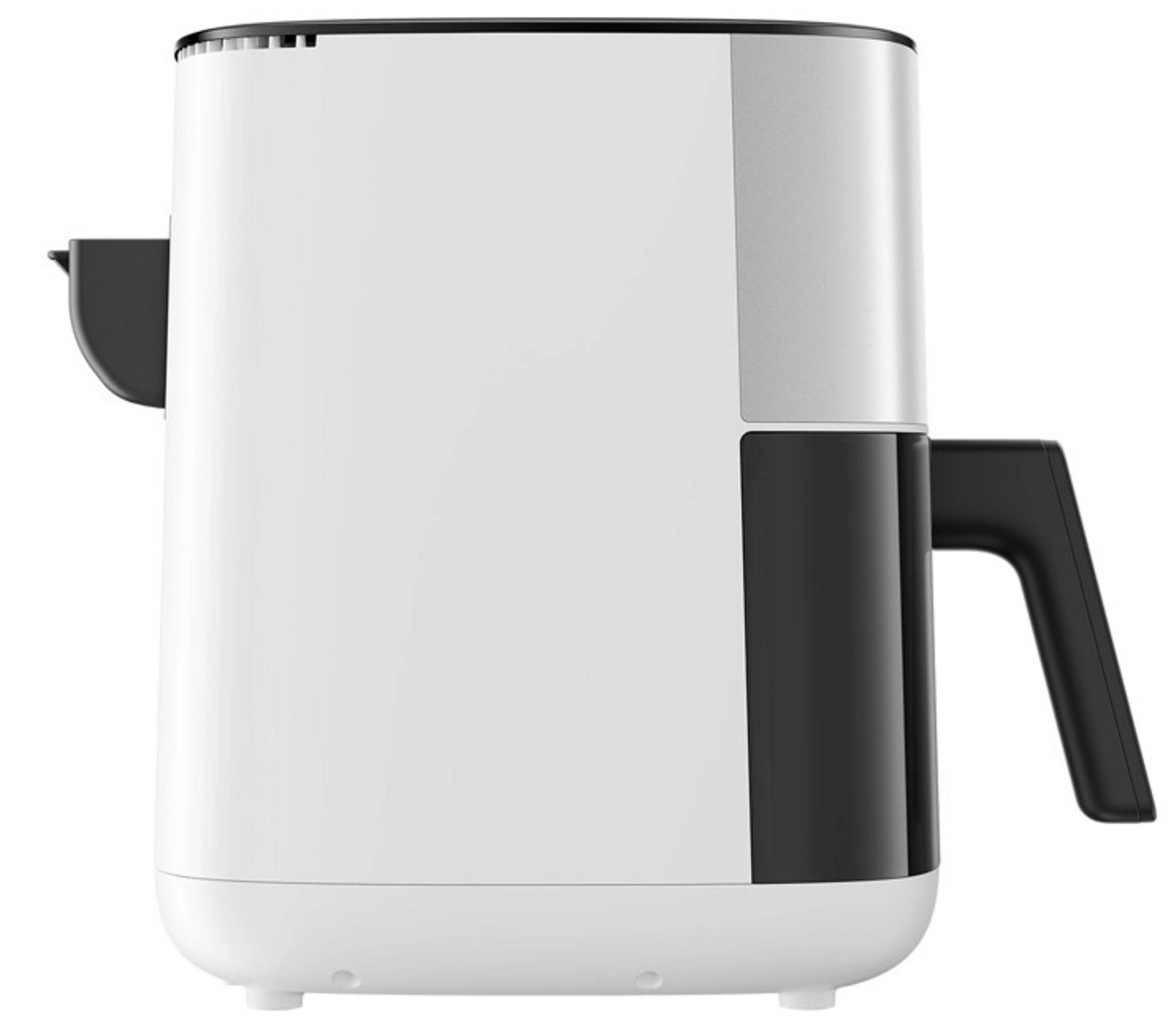 Macchina da caffè bianca e nera con accenti argentati e manico.