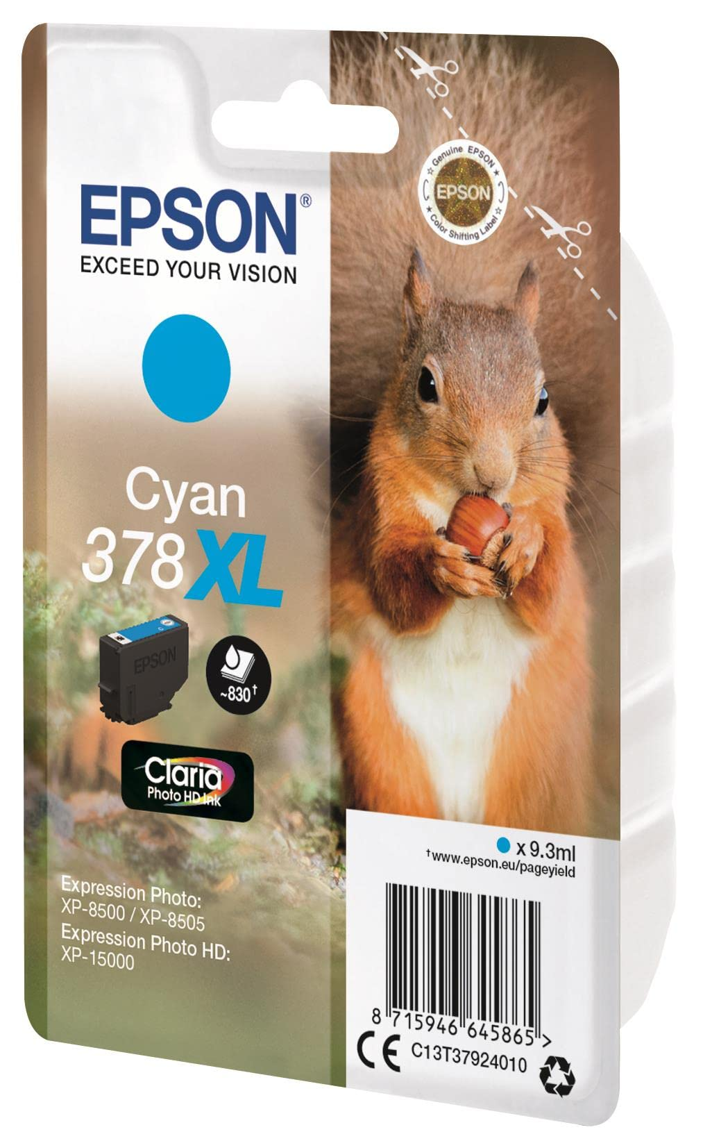 Cartucho de tinta Epson Cyan 378XL con ardilla sosteniendo una nuez en el empaque.