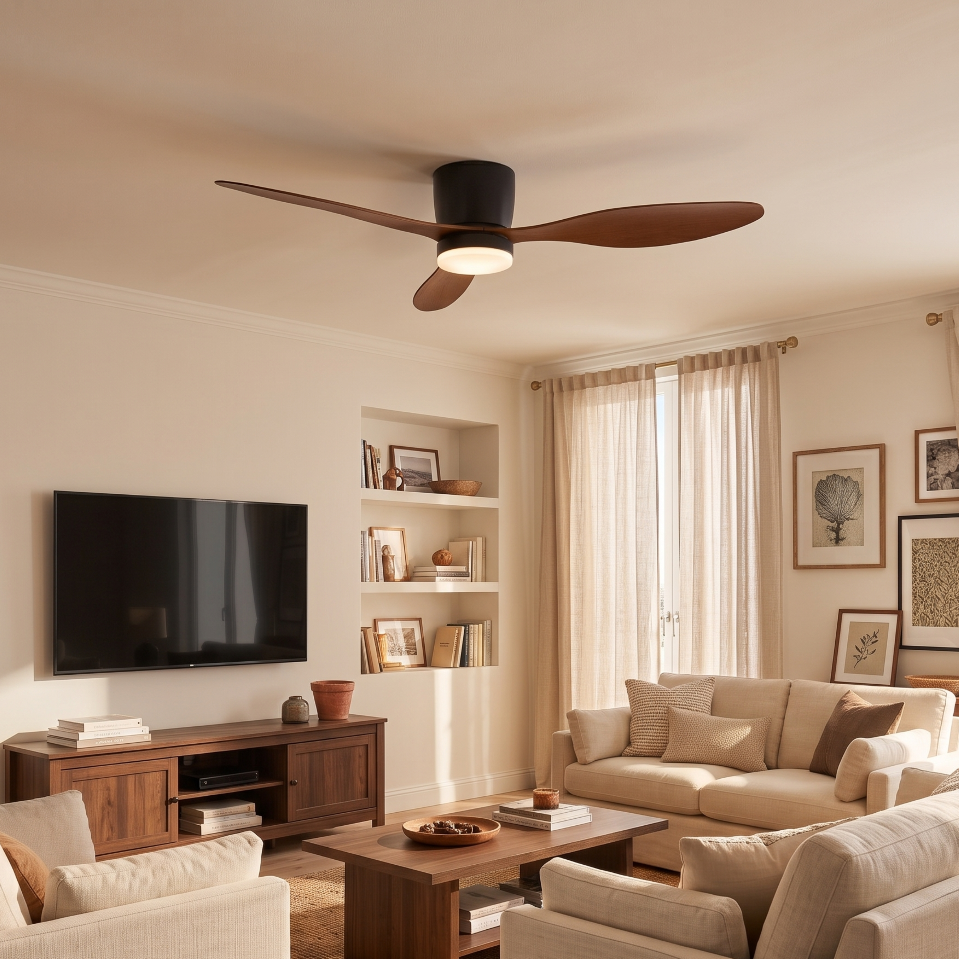 Una sala de estar con asientos, un televisor y un ventilador de techo.