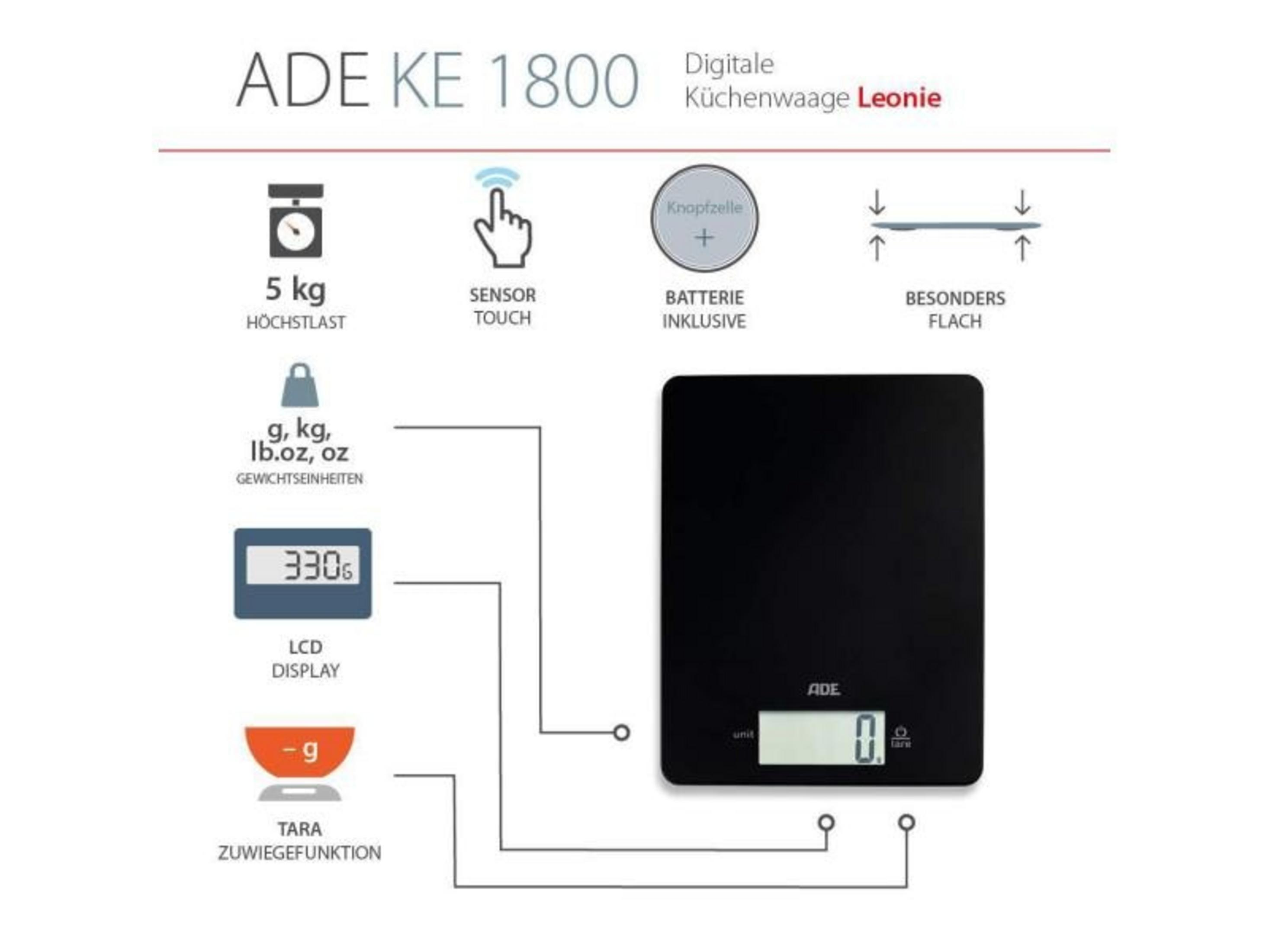 Bilancia da cucina digitale nera con display LCD, max 5kg, sensore tattile.