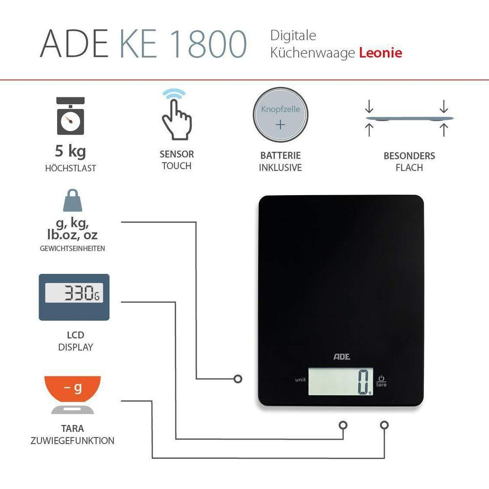 Bilancia da cucina digitale ADE KE 1800 Leonie con display LCD e funzione tara.