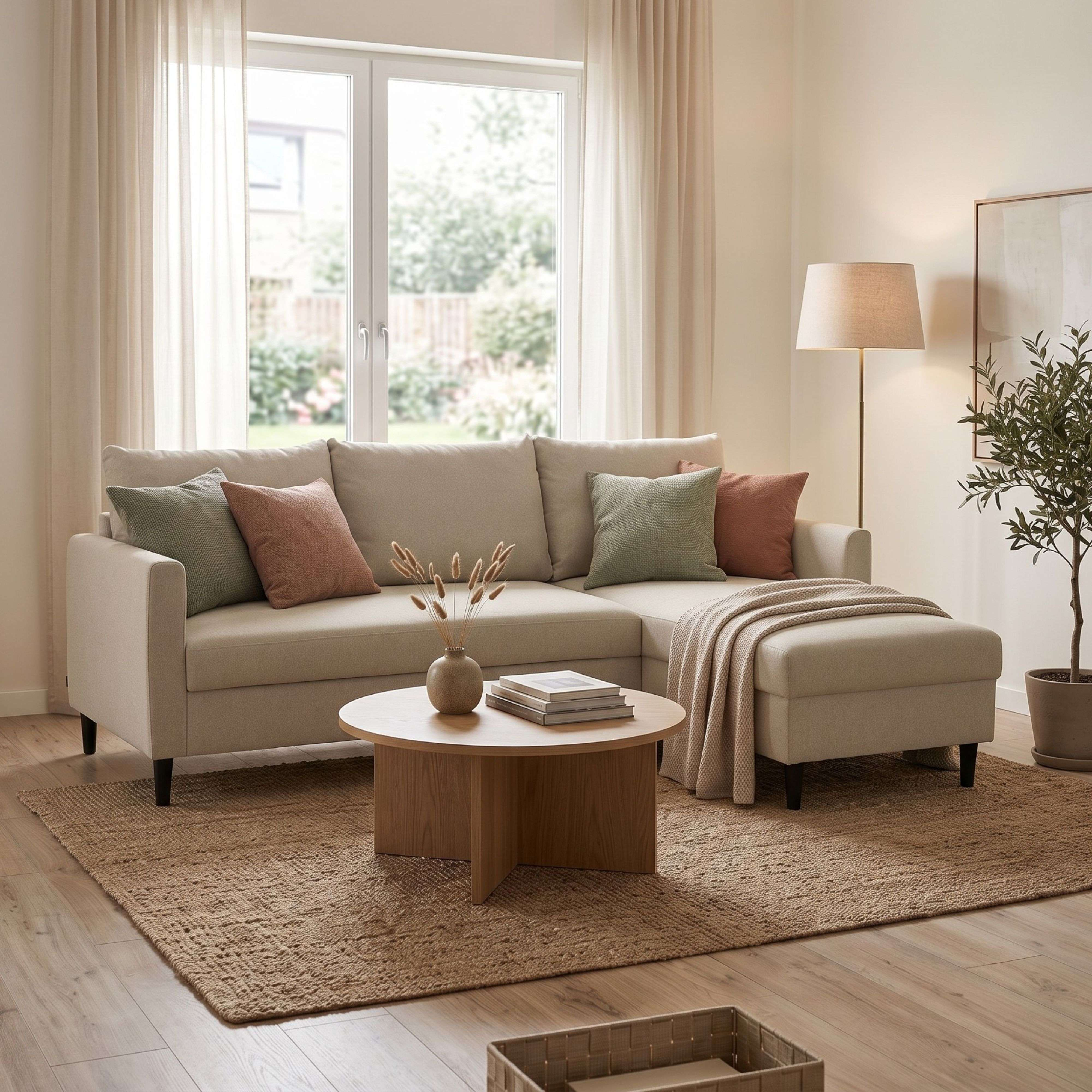 Una sala de estar luminosa con sofá seccional, mesa de centro, lámpara y plantas.