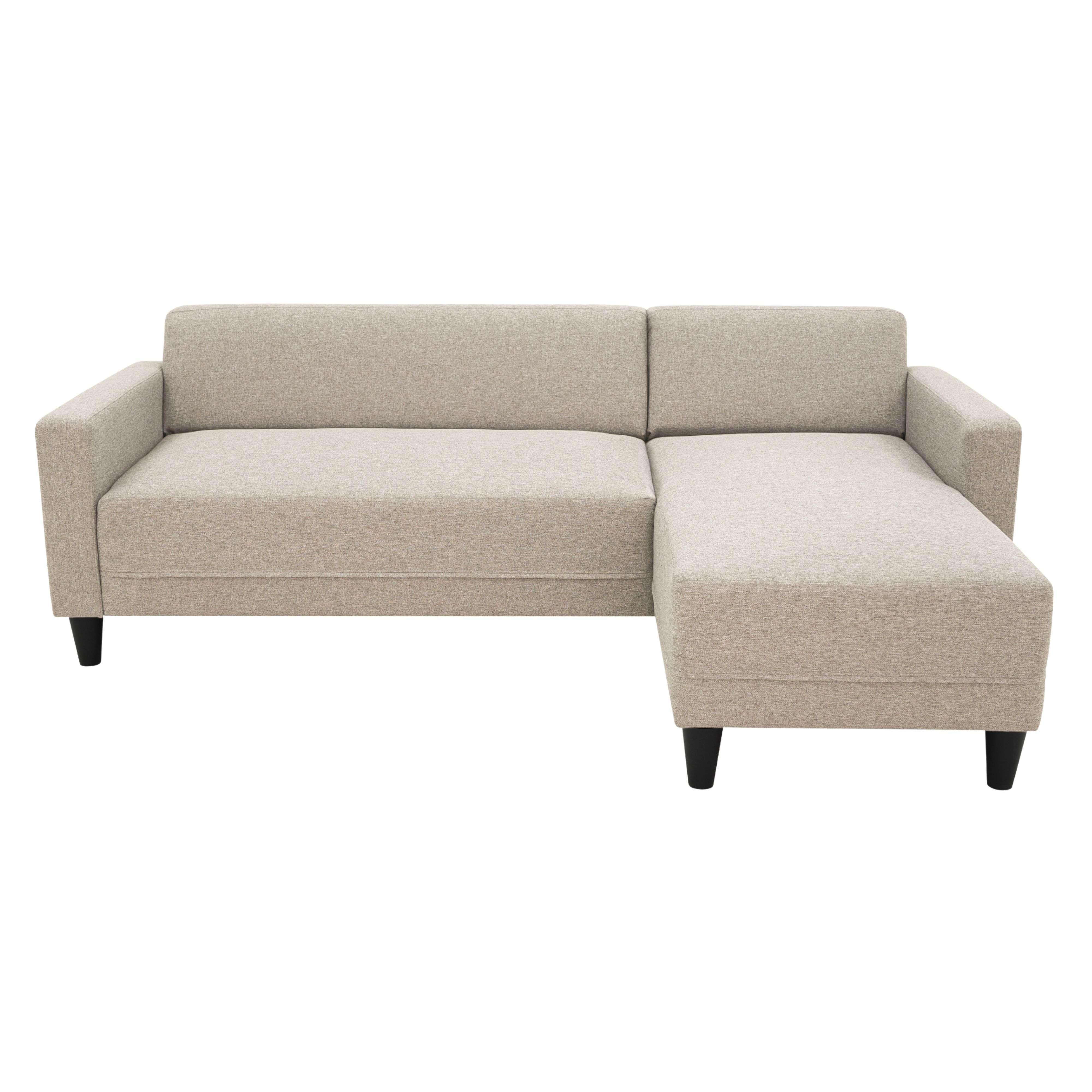 Un sofá de tela beige claro en forma de L con patas negras.
