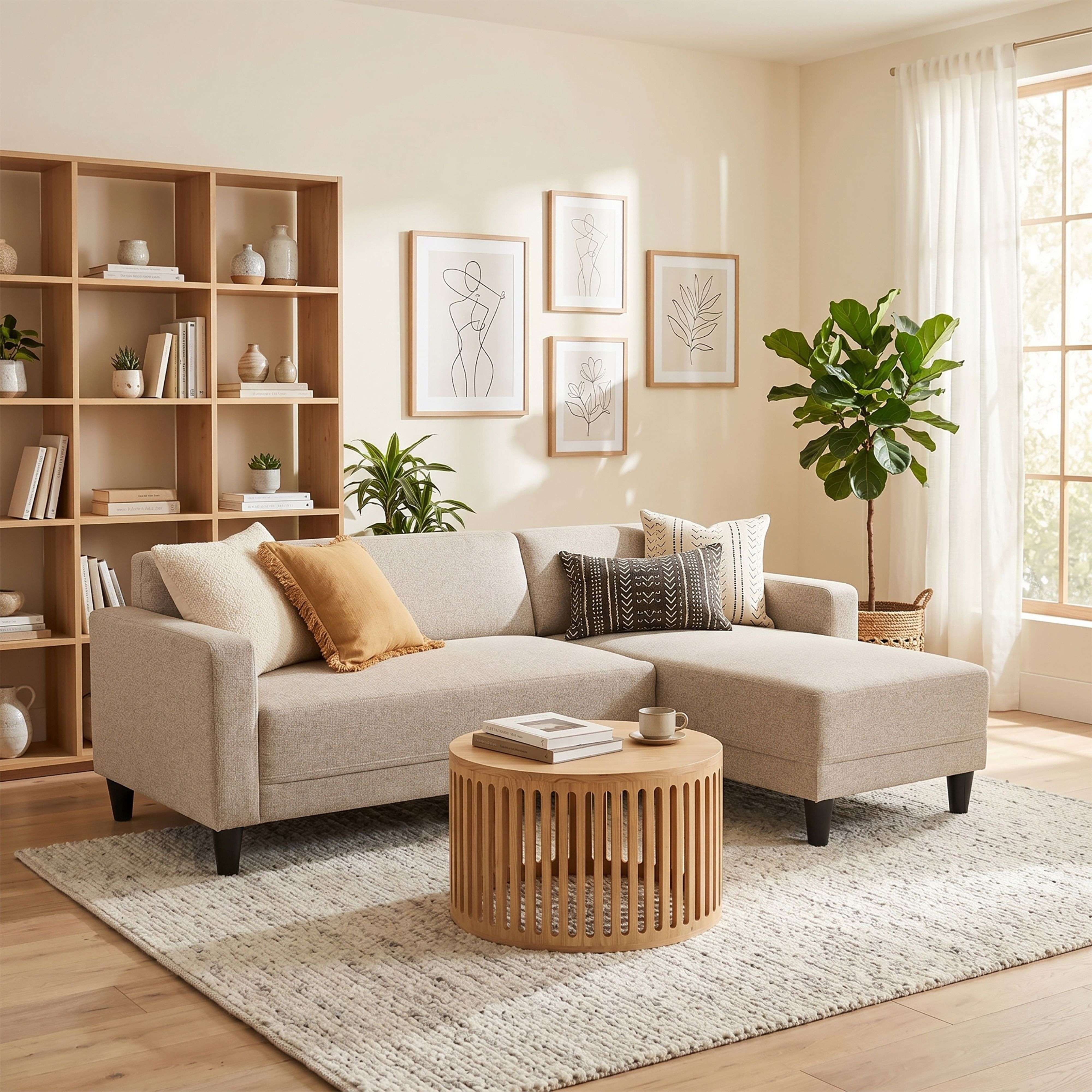 Sofá seccional beige con mesa de madera, estantería y planta en habitación luminosa.