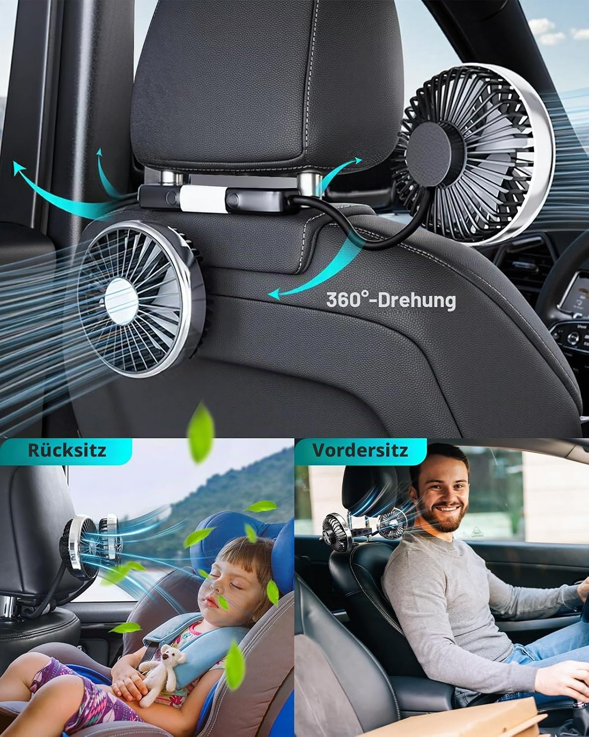 Zwei Auto-Kopfstützenventilatoren, einer für den Rücksitz, einer für den Vordersitz.