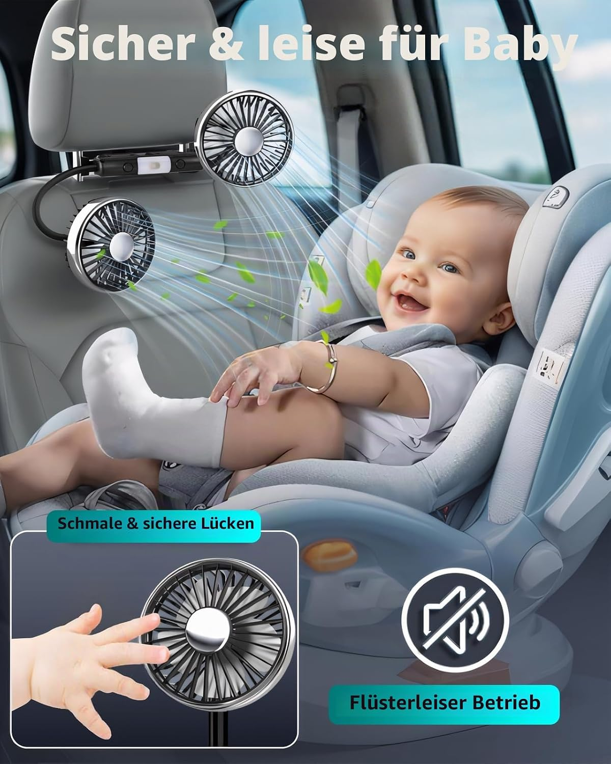 Baby im Autositz mit zwei Lüftern, die Luft und Blätter simulieren.
