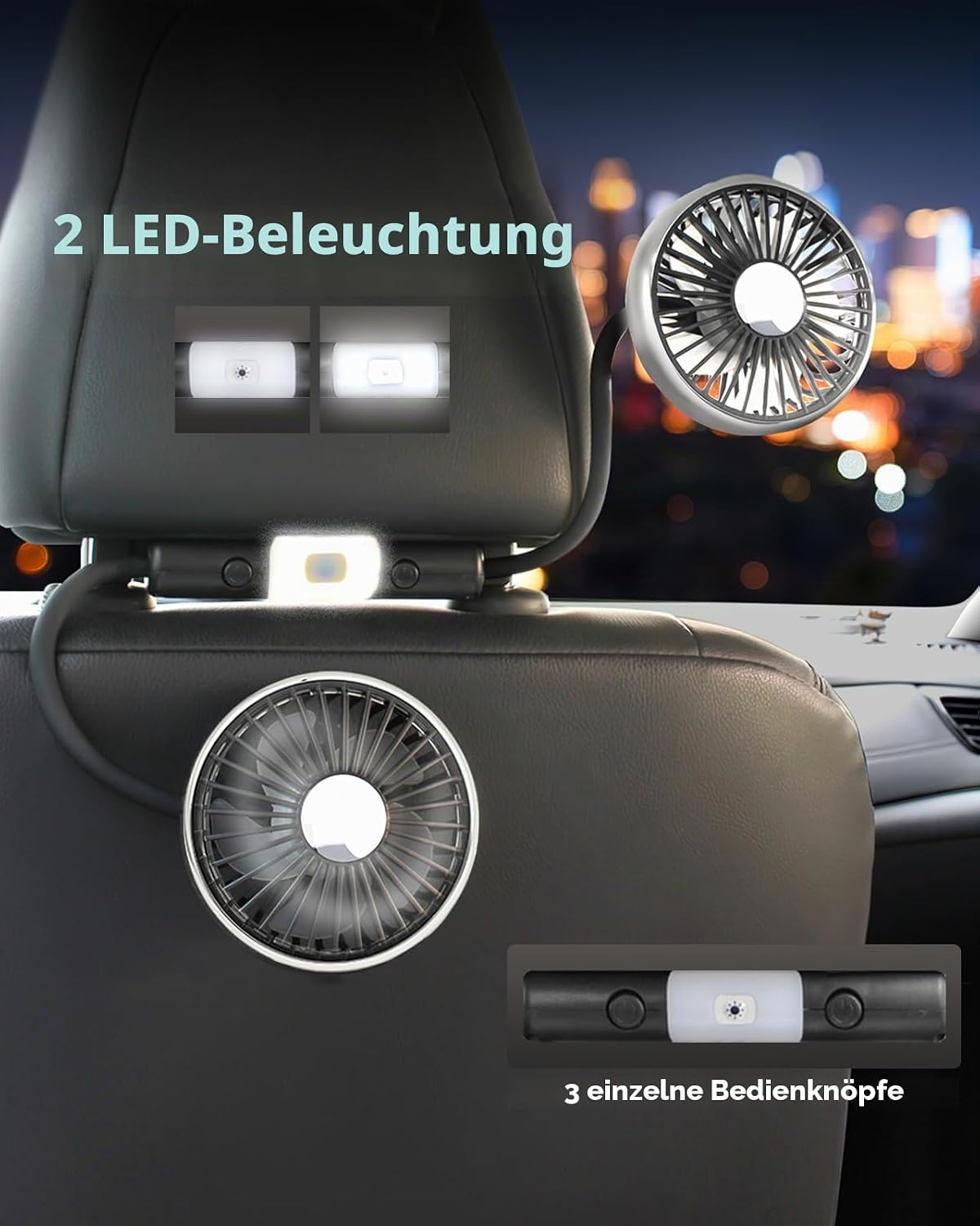 Rücksitz-Ventilator mit LED-Beleuchtung und Bedienelementen.