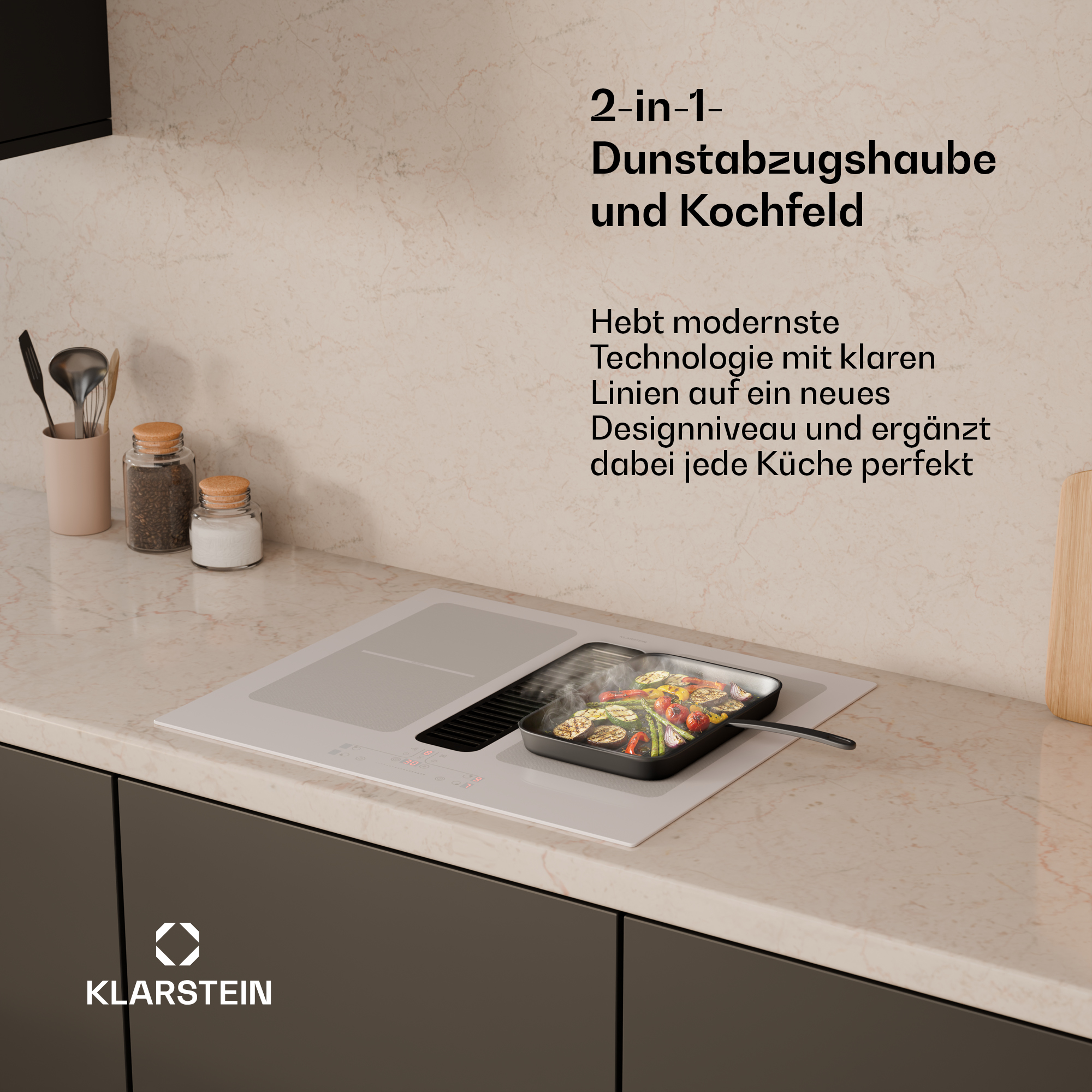 Ein Induktionskochfeld mit integriertem Dunstabzug und Grillpfanne mit Gemüse.