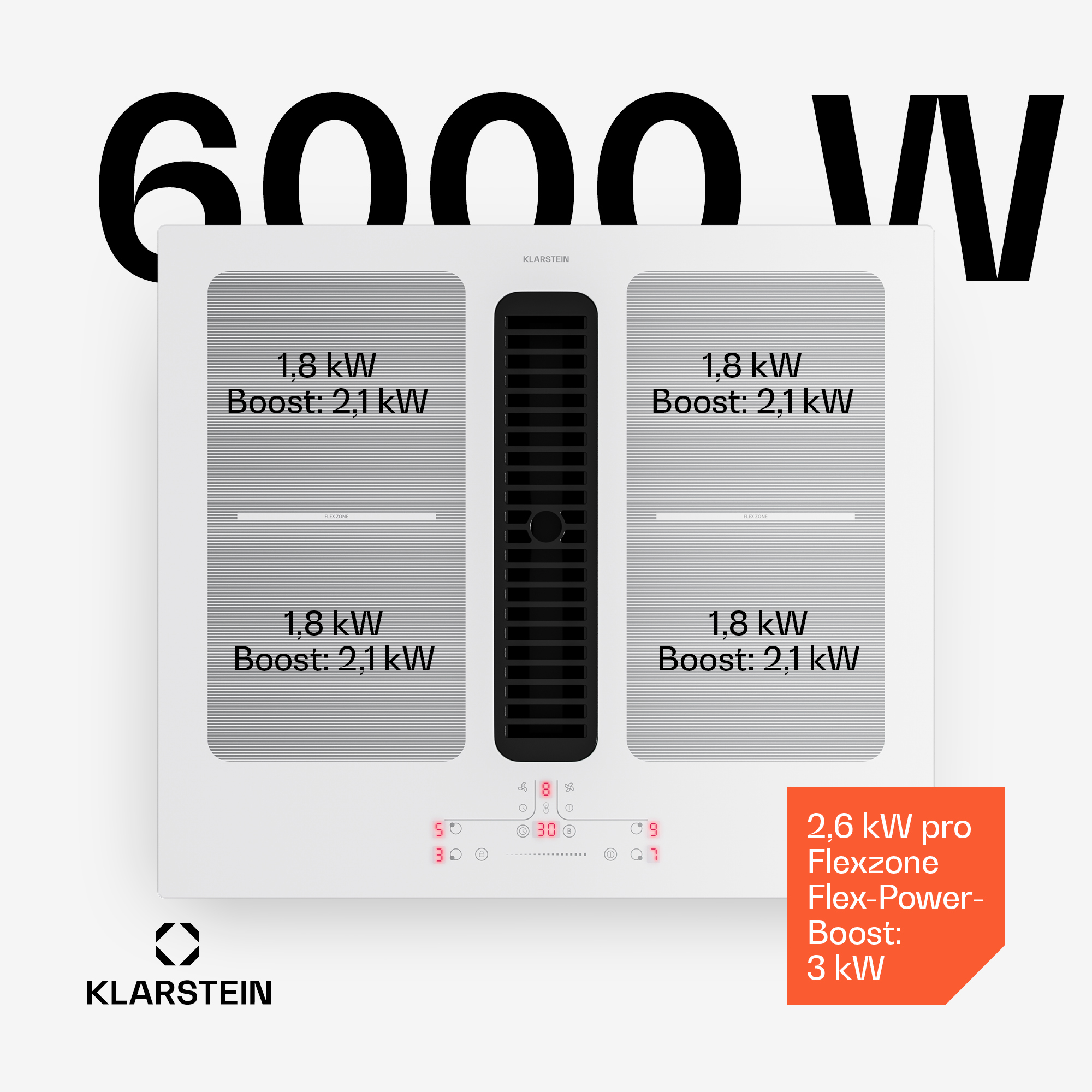 Induktionskochfeld mit vier Zonen, mittig Lüftungsgitter. Anzeige 6000 W.