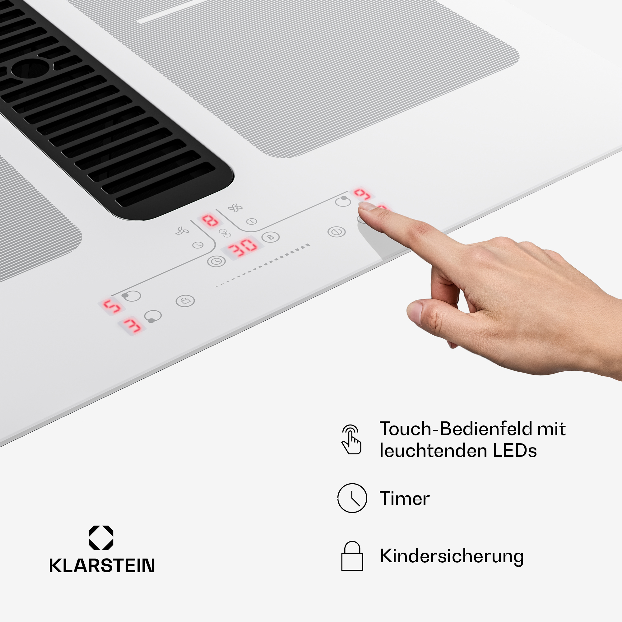 Eine Hand bedient ein Touchfeld mit roten LEDs, Lüftungsschlitz und Logo.