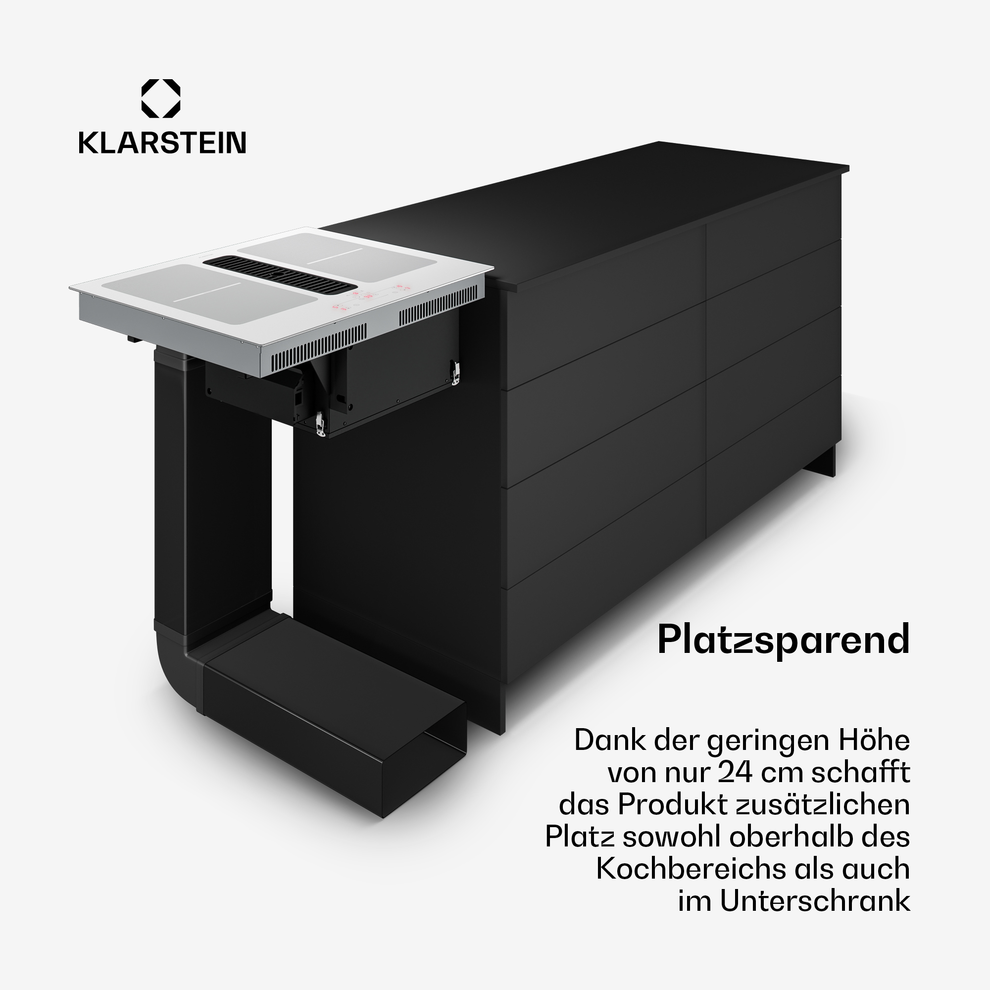 Ein Klarstein Kochfeld über einem schwarzen Unterschrank. Platzsparend.