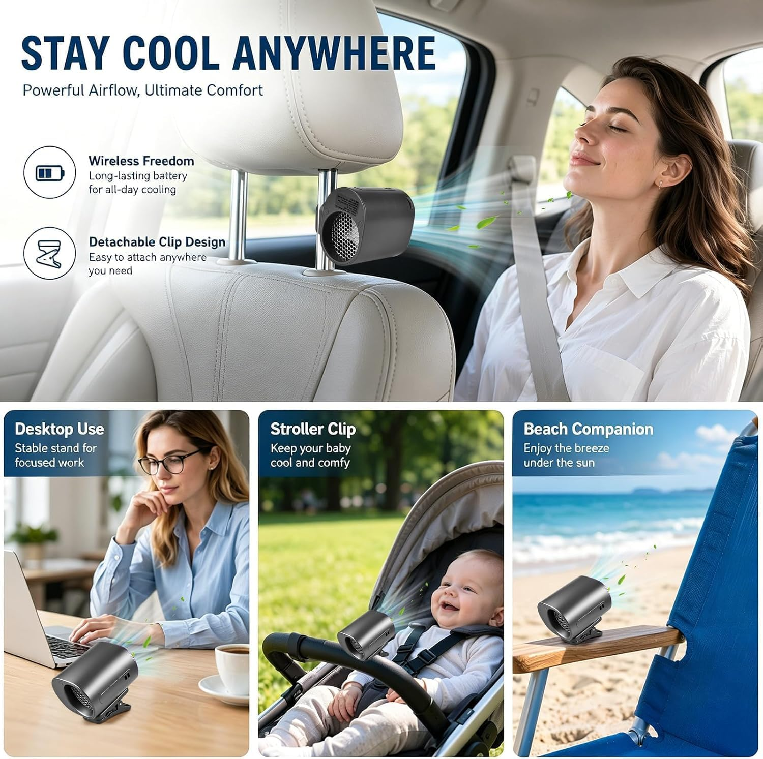 Ein Auto-Ventilator, der auf einem Autositz befestigt ist, mit Text, der seine Funktionen beschreibt.