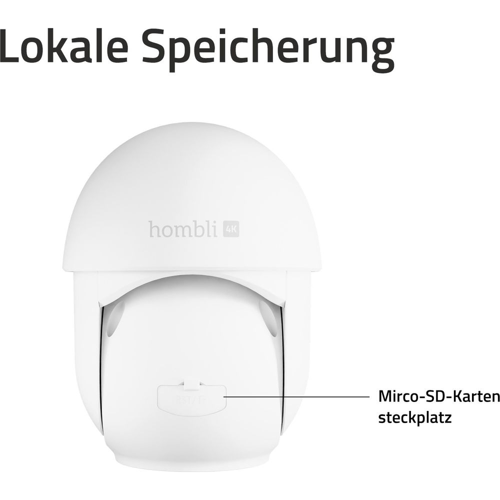 Weiße Überwachungskamera mit „homli 4K“-Logo und beschriftetem Steckplatz für Micro-SD-Karten.