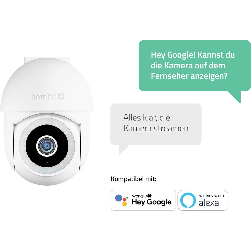 Weiße Hombli 4K Kamera mit Hey Google und Alexa Kompatibilitätslogos.