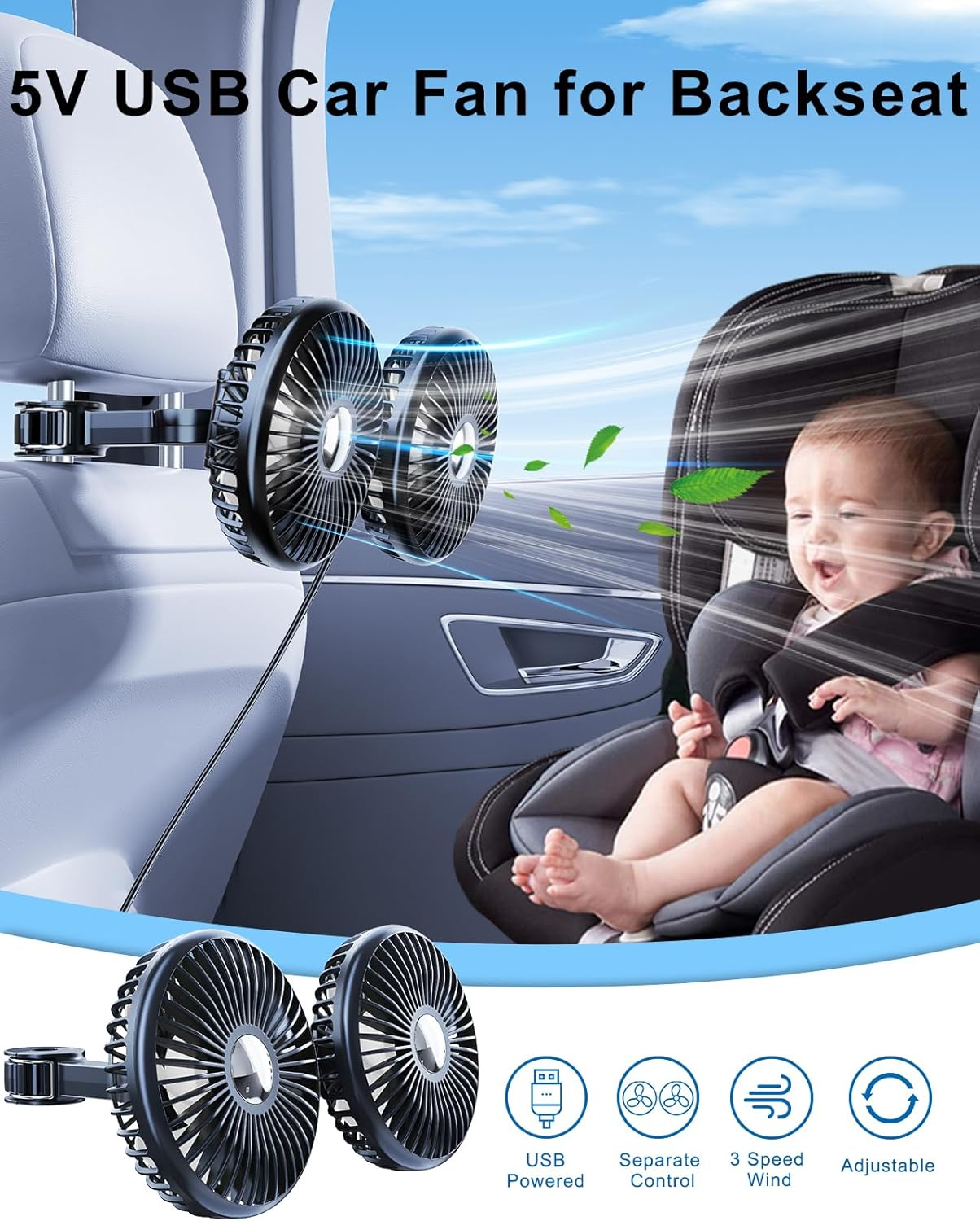 Zwei Lüfter für Rücksitze mit Baby im Autositz, blauer Himmel im Hintergrund.