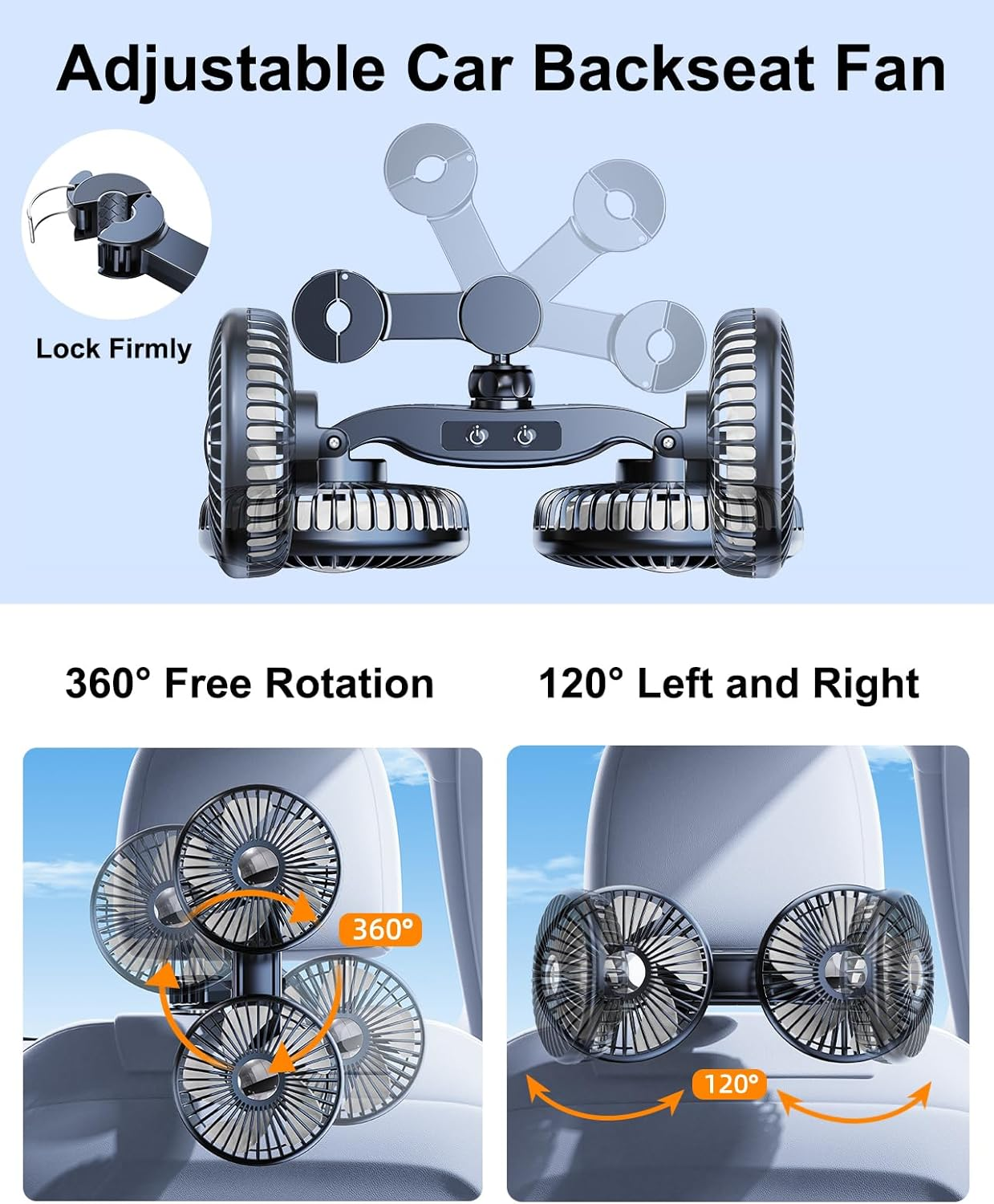 Verstellbarer Auto-Rücksitzventilator mit 360°- und 120°-Drehfunktion.