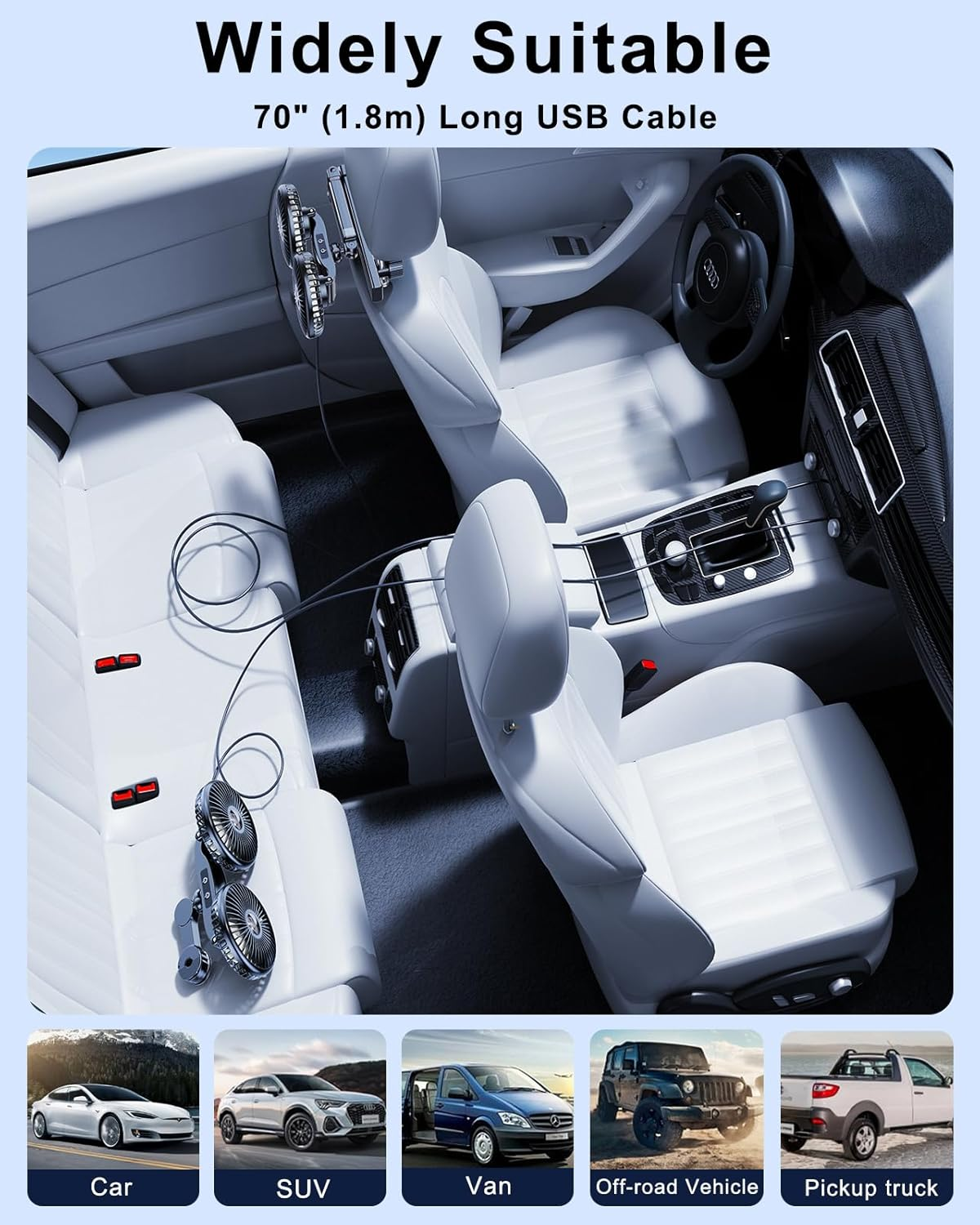 Innenraum eines Autos mit zwei USB-Ventilatoren, die an der Rückseite der Vordersitze befestigt sind.