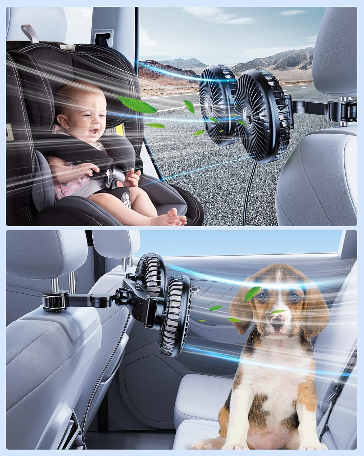 Ein Baby im Kindersitz und ein Hund im Auto, beide mit Lüftern gekühlt.