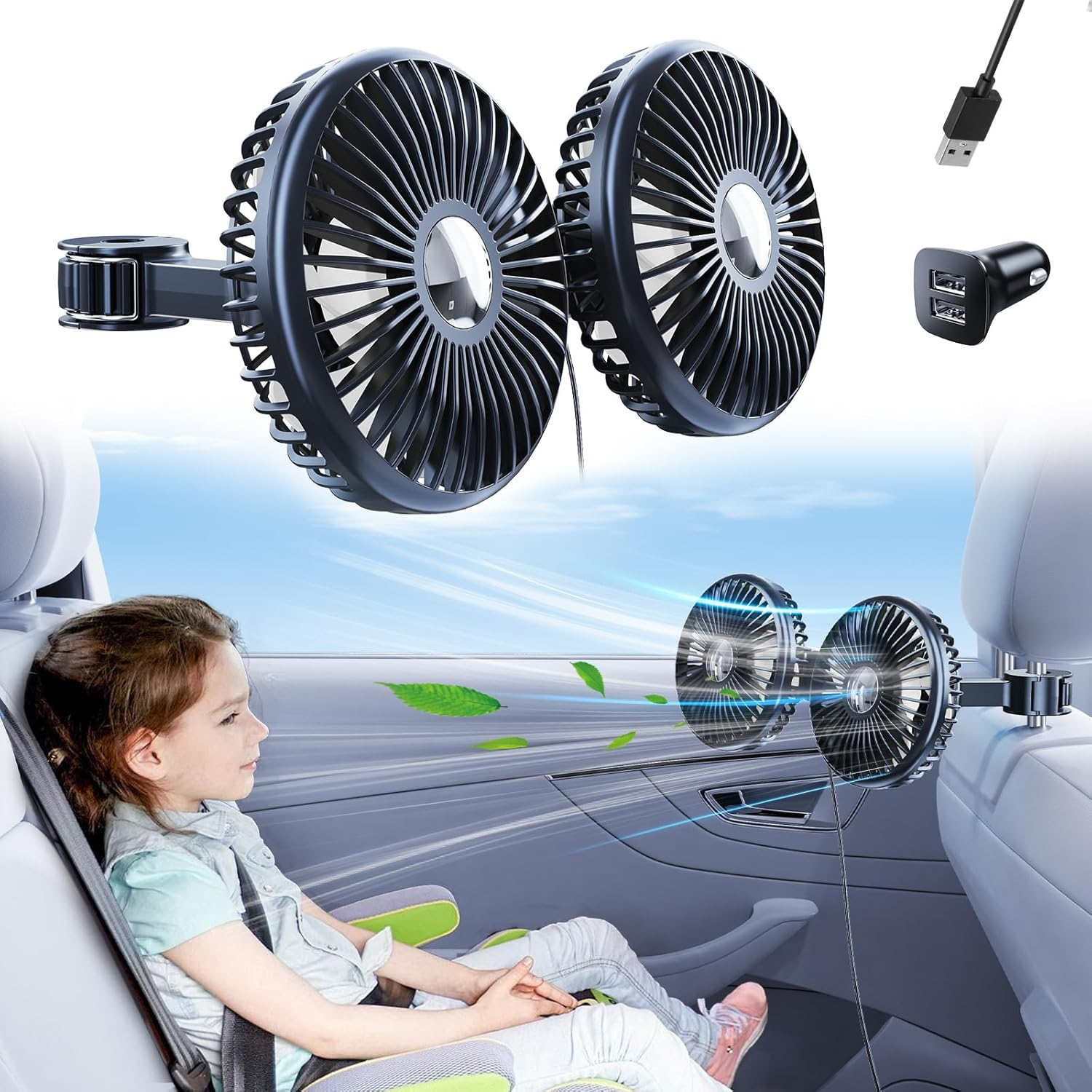 Doppelventilator für Auto-Kopfstützen mit USB-Adapter und Kabel.