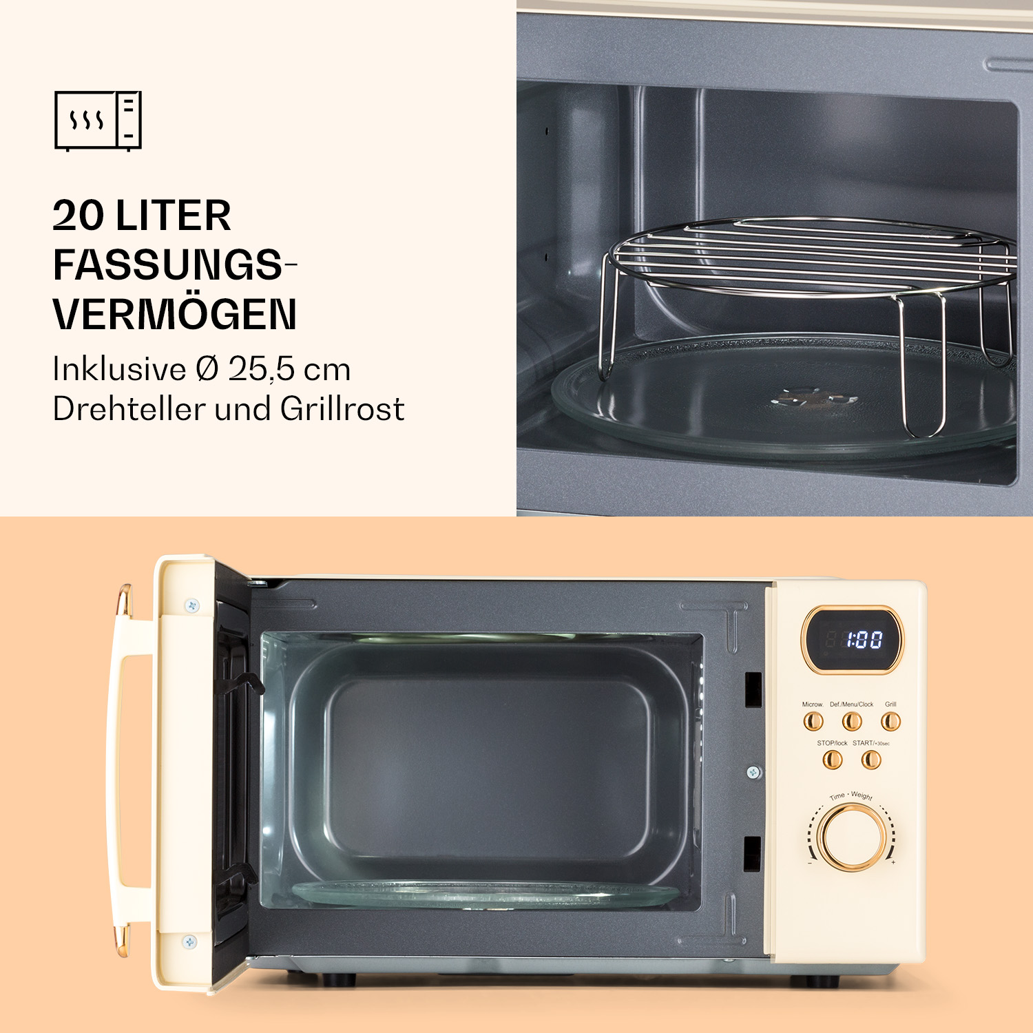 Eine cremefarbene Mikrowelle mit geöffneter Tür und einem Grillrost im Inneren.