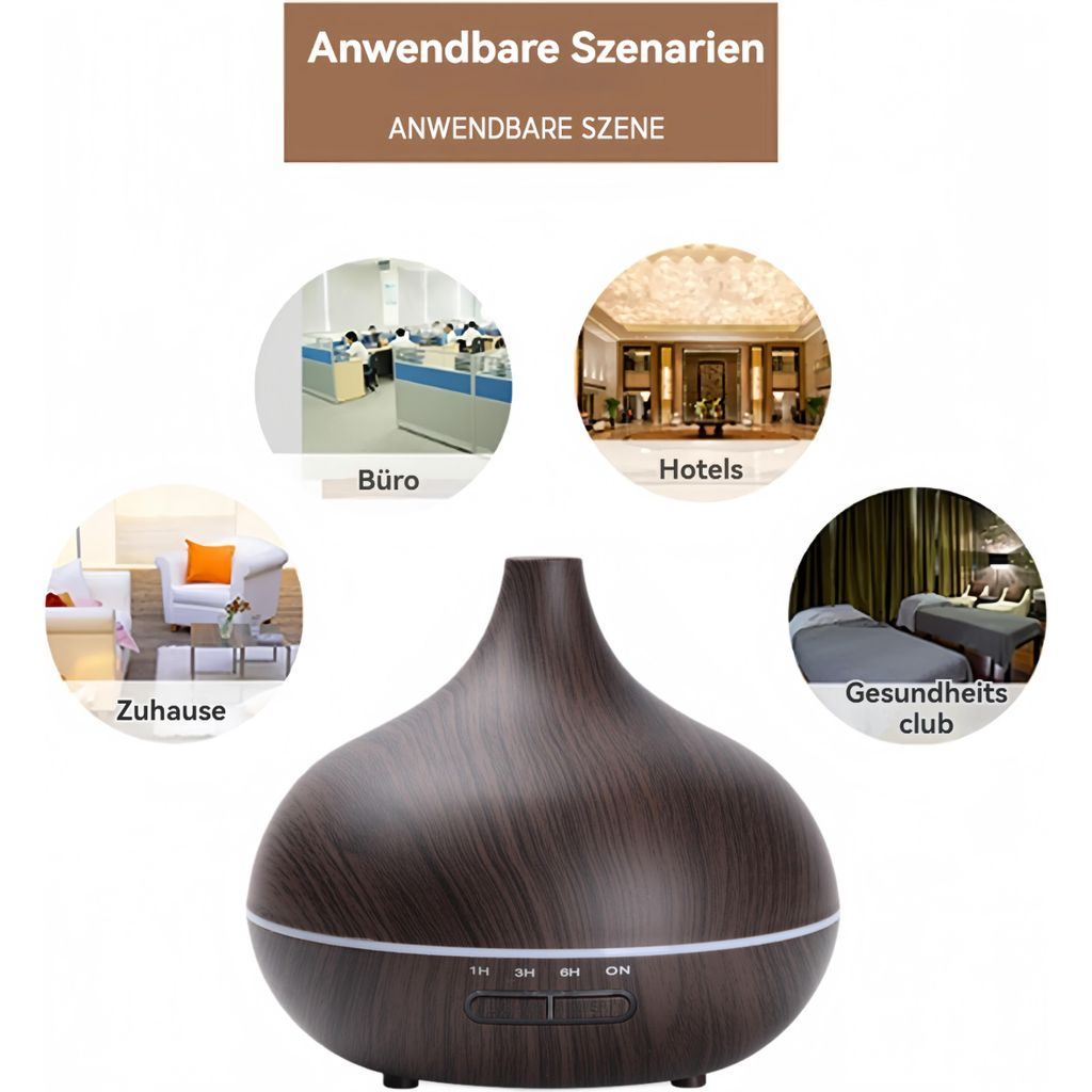 Ein Diffusor mit Holzmaserung vor Szenen von Büro, Hotel, Zuhause und Gesundheitsclub.