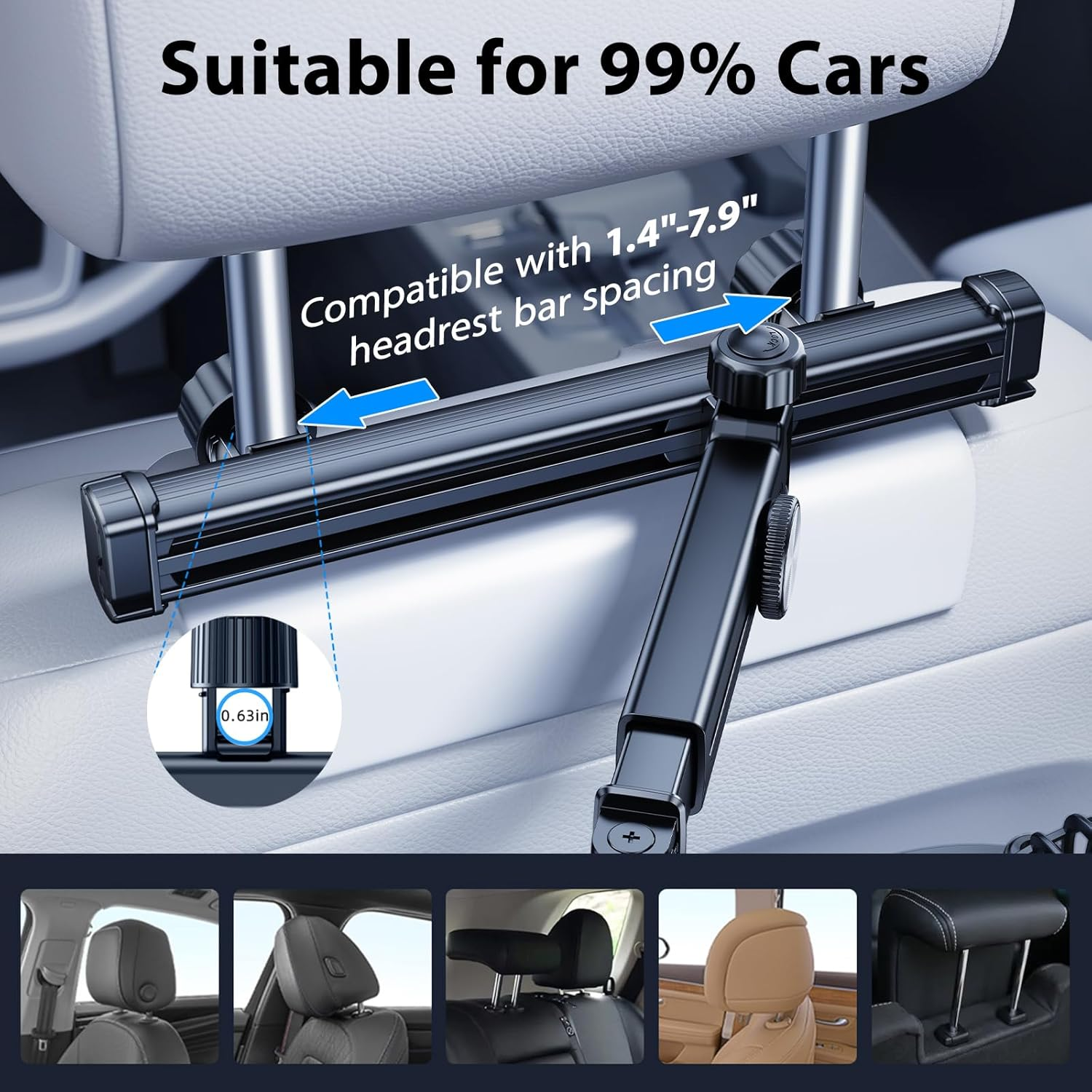 Ein schwarzer Autokopfstützenhalter, der an einer Ledersitzlehne befestigt ist.