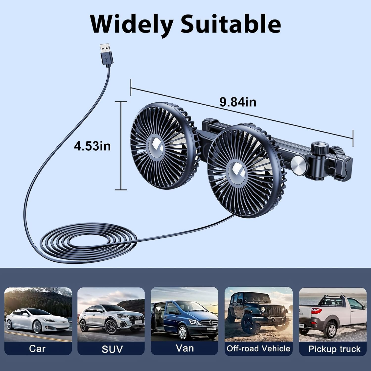Doppellüfter mit USB-Anschluss und Maßen, passend für Autos, SUVs, Vans, Geländewagen, Pickups.
