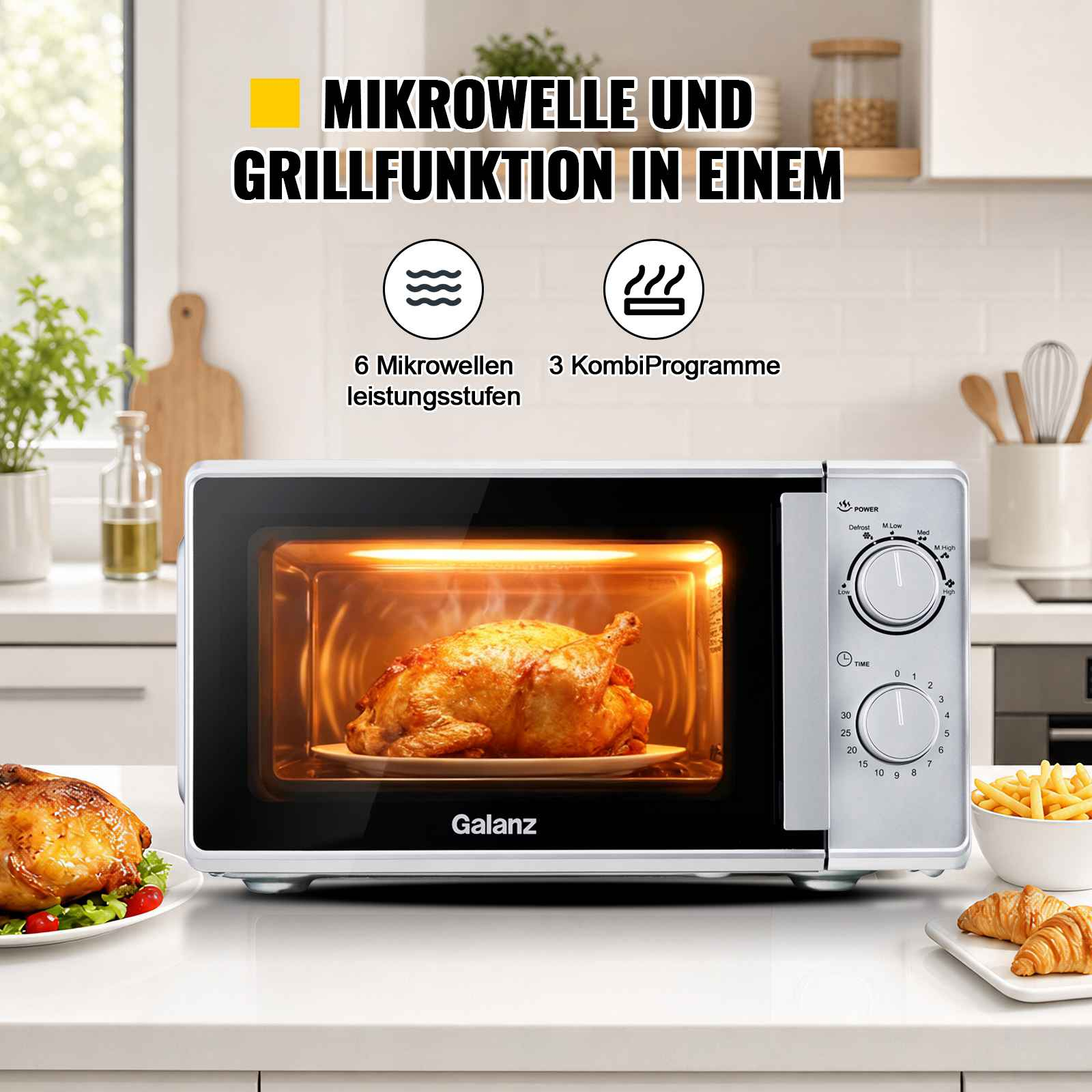 Ein Galanz Mikrowellenofen mit einem Brathähnchen im Inneren, daneben Brathähnchen und Croissants.