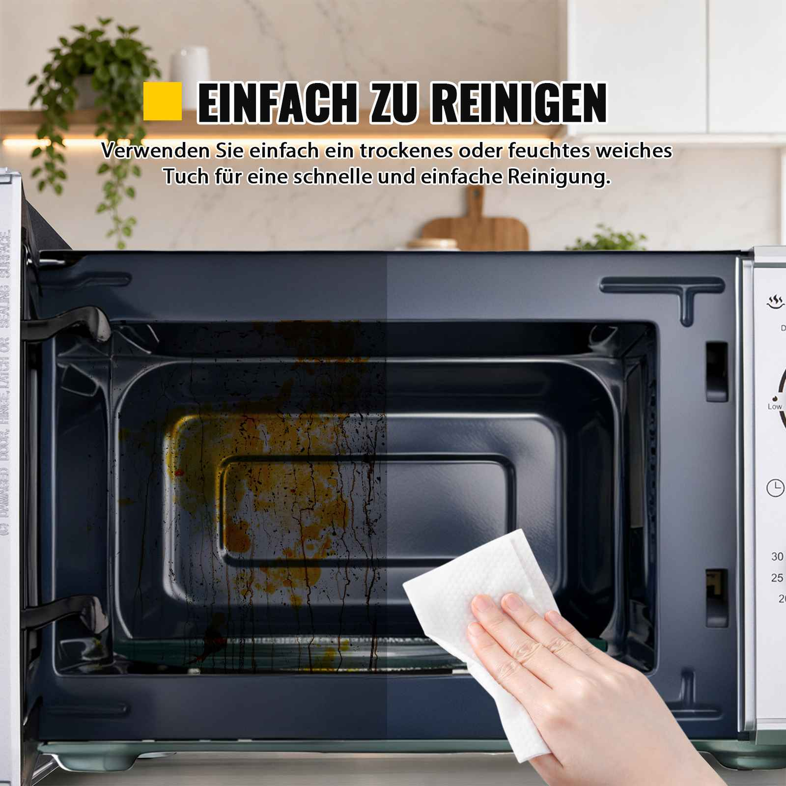 Vorher/Nachher-Vergleich des Inneren einer Mikrowelle, die gereinigt wird.