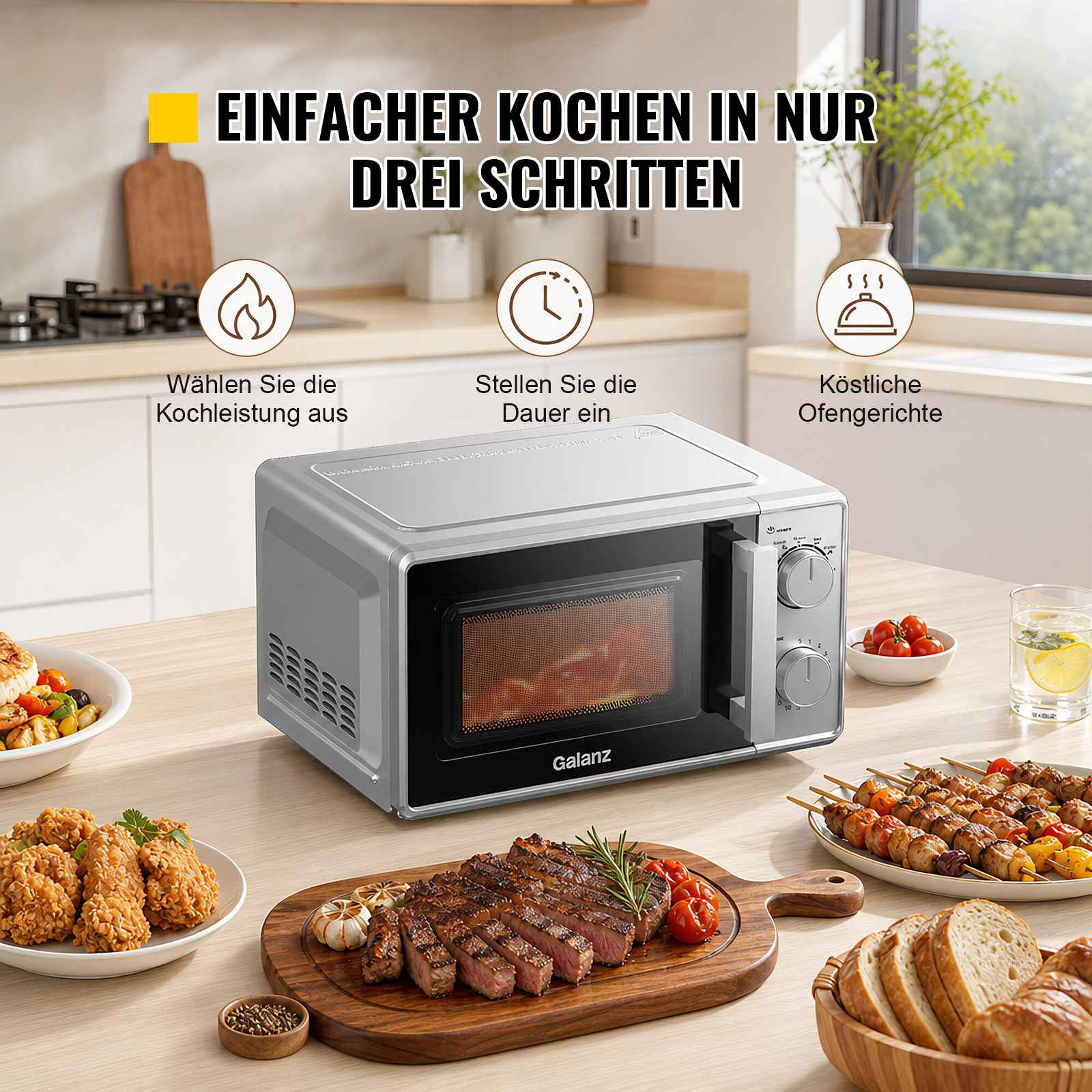 Ein silberner Galanz-Mikrowellenherd steht auf einem Tisch mit verschiedenen Speisen.