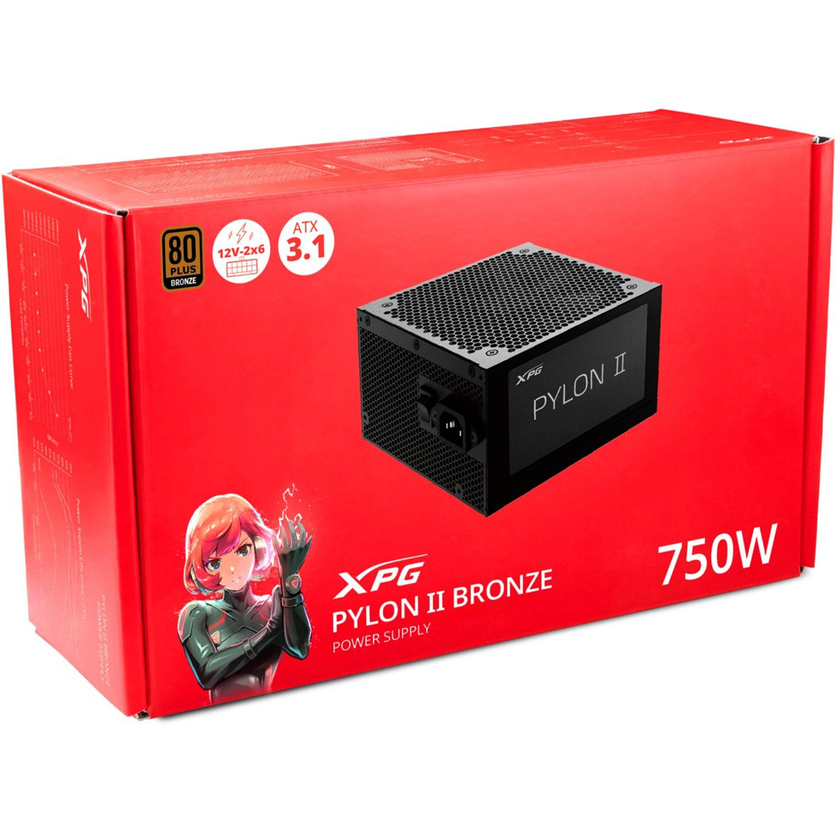 Rote Box mit XPG Pylon II 750W Netzteil, Anime-Figur und technischen Daten.
