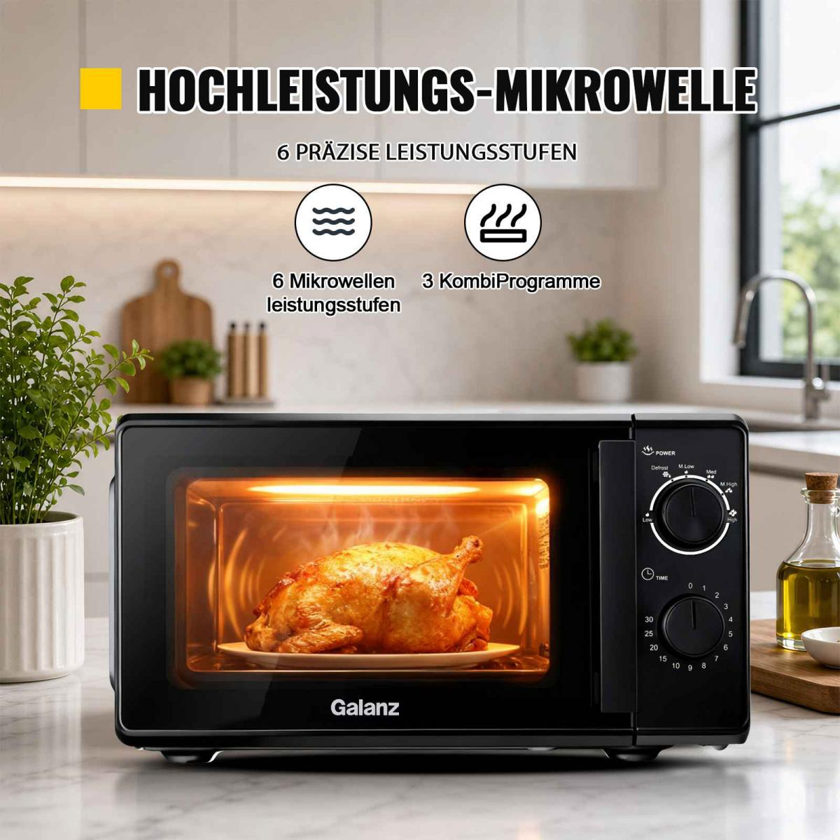 Schwarze Mikrowelle mit gebratenem Huhn und Bedienelementen.
