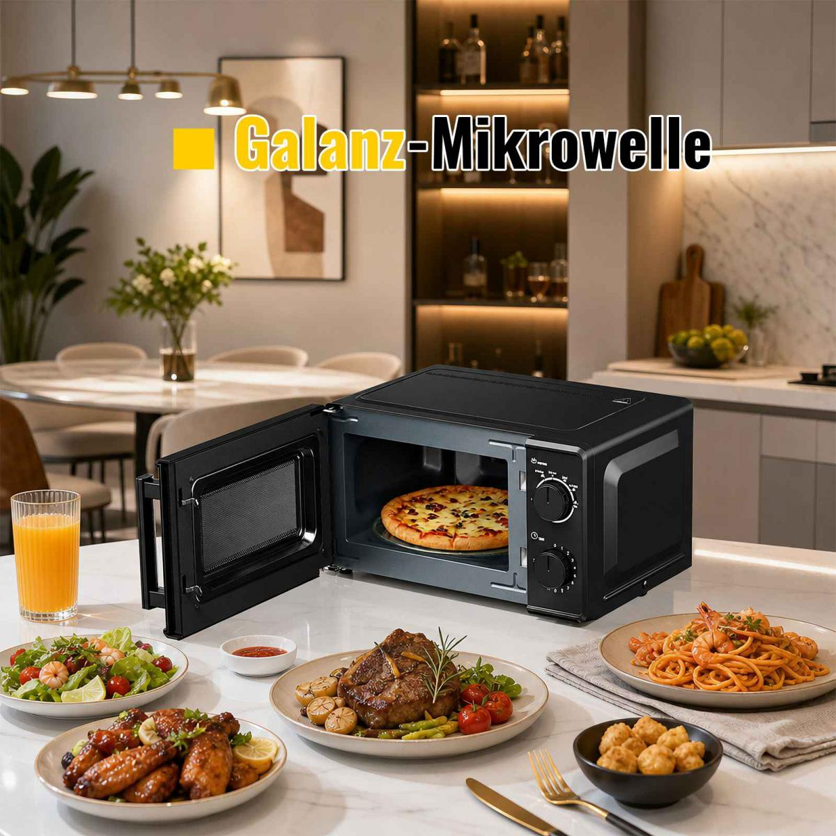 Schwarze Mikrowelle mit offener Tür, Pizza darin. Daneben Essen: Fleisch, Wings, Pasta, Salat.