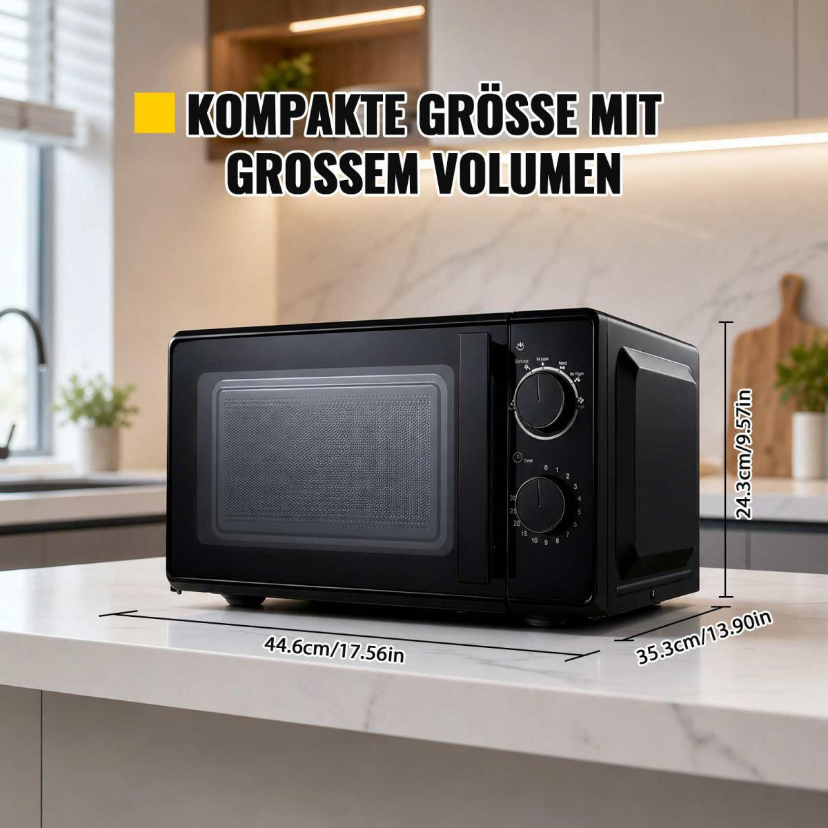 Schwarze Mikrowelle mit Bedienelementen und Maßen, auf einer Arbeitsplatte.