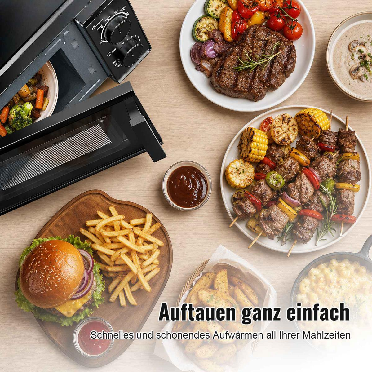 Ein offener schwarzer Mikrowellenherd neben verschiedenen Gerichten wie Burger, Pommes, Fleischspießen und Steak.