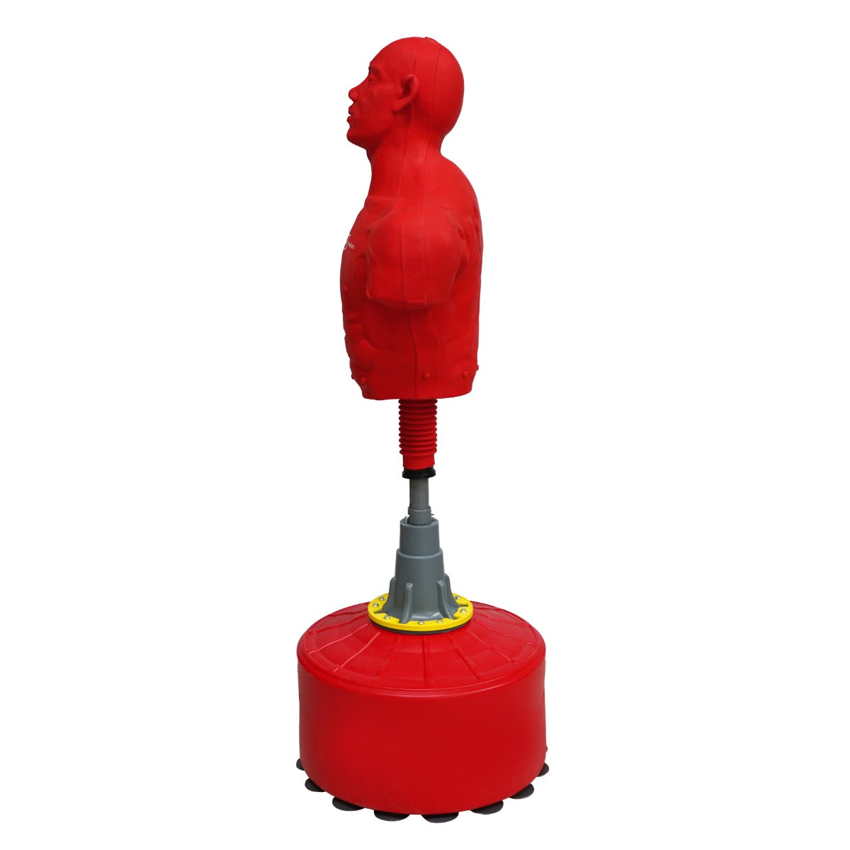 Muñeco de boxeo rojo con base redonda y resorte.