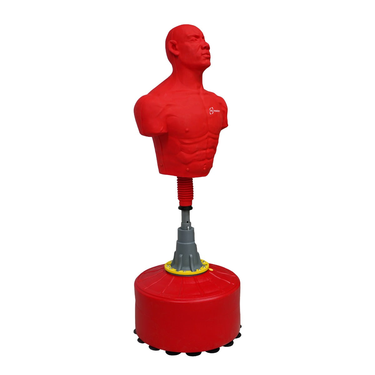 Un muñeco de boxeo rojo con forma realista de torso y cabeza, sobre una base redonda.