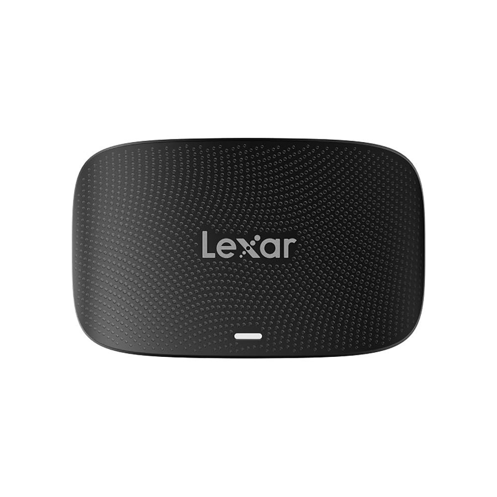 Schwarzes Lexar-Gerät mit texturierter Oberfläche und einem schmalen weißen Balken.